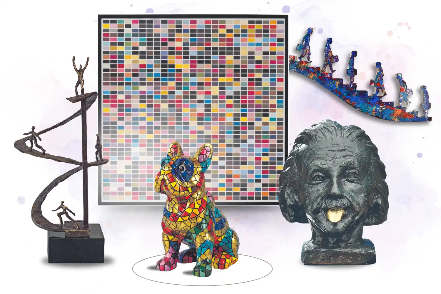 Eine Collage aus farbenfrohen Skulpturen, einer französischen Bulldogge als Mosaik, Pixelkunst und einer Büste mit herausgestreckter Zunge.