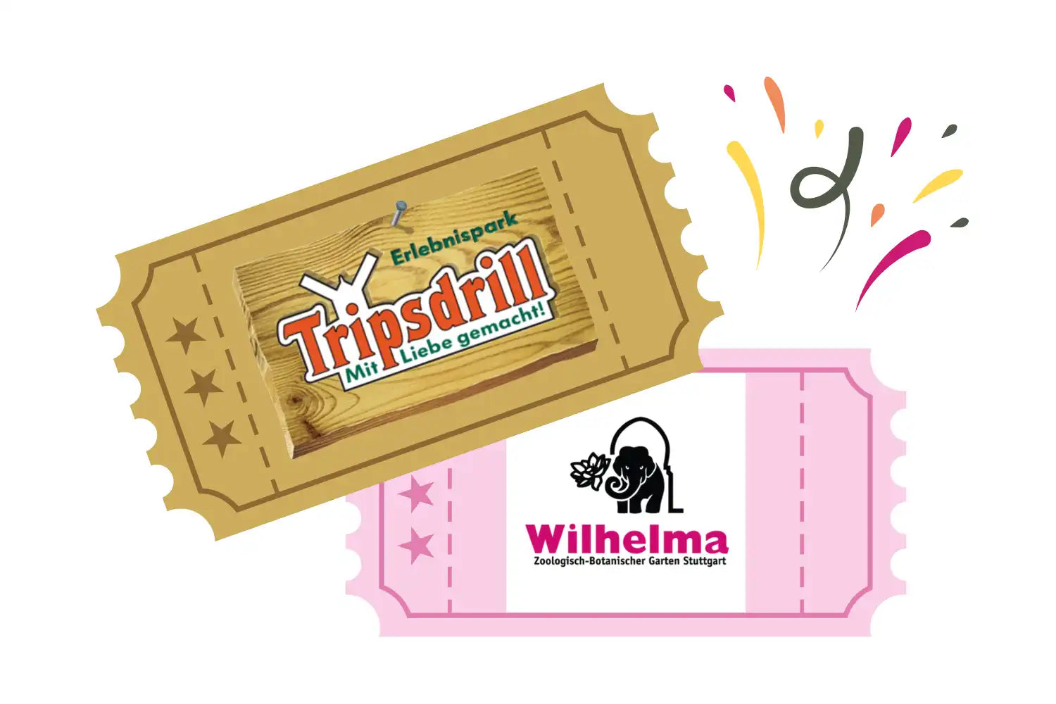 Zwei Eintrittskarten: eine für den Freizeitpark Tripsdrill und eine für den Zoo Wilhelma, mit buntem Konfetti.