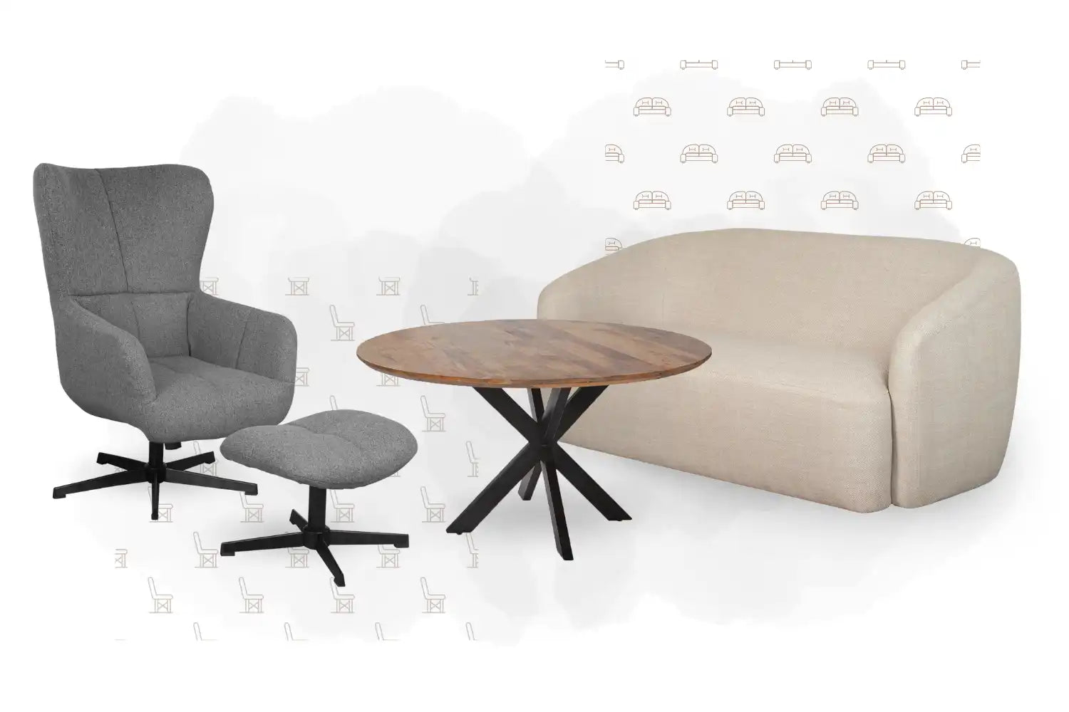 Grauer Stuhl mit Ottomane, runder Holztisch und beiges Sofa auf weißem Hintergrund mit dezenten Symbolen.