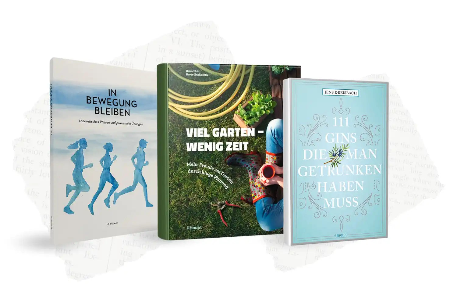 Drei deutsche Bücher stehen aufrecht: eines über Bewegung, eines über Gartenarbeit und eines über Gin-Sorten.