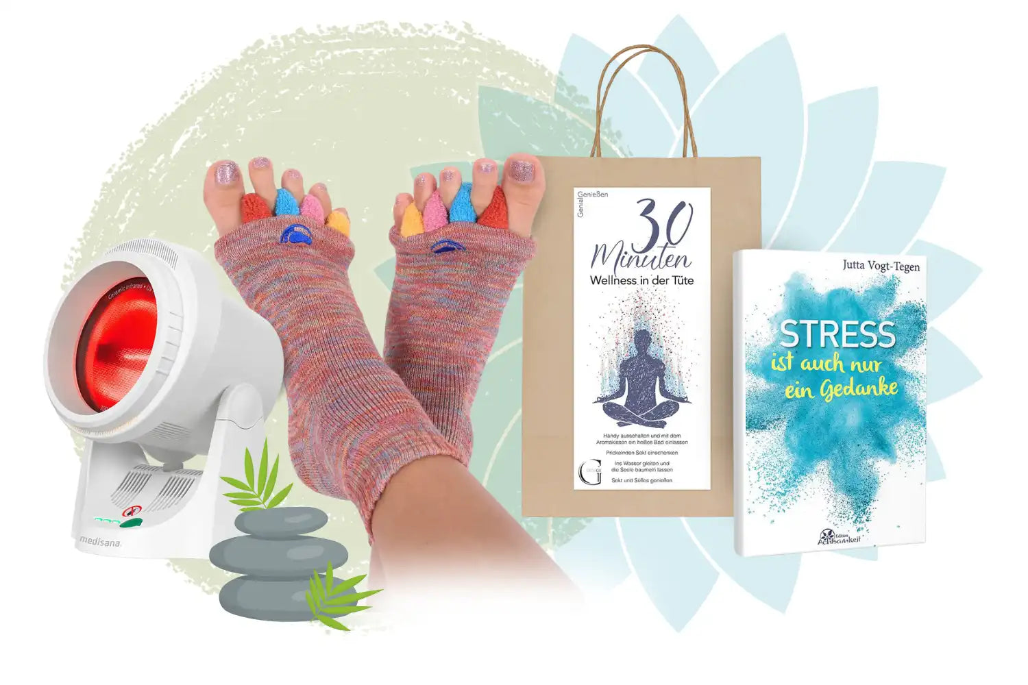 Eine Rotlichtlampe, Füße in offenen Socken, graue Steine, eine Wellness-Broschüre und ein Buch zum Stressabbau.
