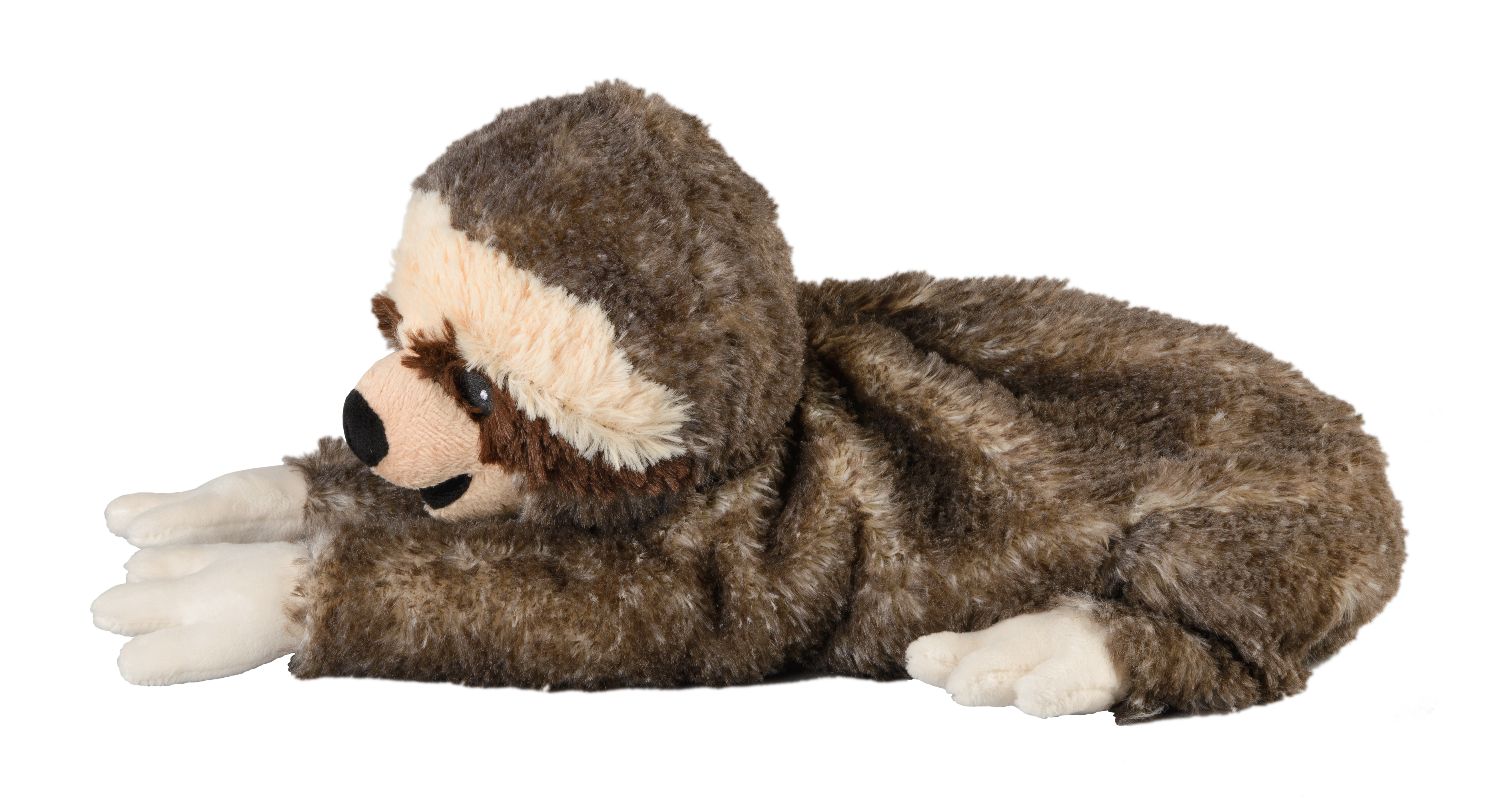 WARMIES® Faultier – Plüschfaultier liegend mit ausgestreckten Armen, Blick nach links auf weißen Hintergrund – der kuschelige Begleiter für entspannte Momente.