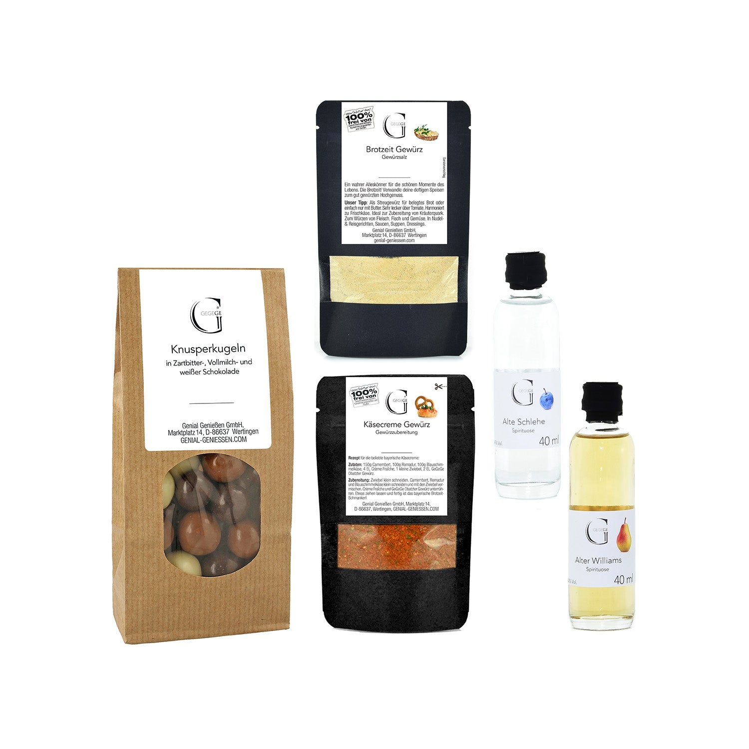 Entdecken Sie das Hobby-Set – Wanderglück, eine Gourmet-Kollektion mit schwarzen Brotzeit Gewürzbeuteln, Knusperkugeln Schokolade im braunen Beutel und kleinen Fläschchen Apfelwein und Aloe-Likören. Markante Etiketten laden zum Genießen ein.