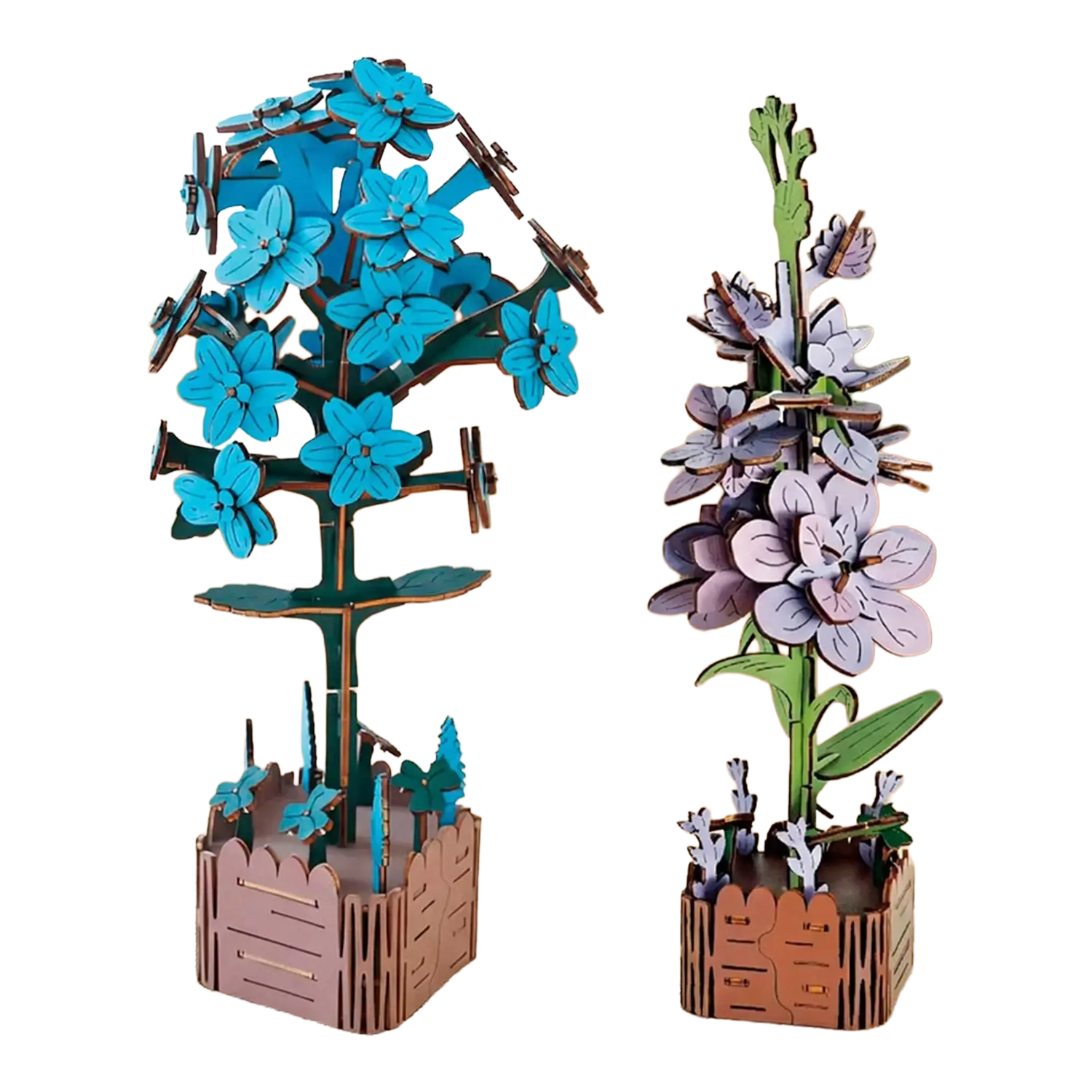 Zwei Holzprodukte 3D-Puzzle Veilchen Hyazinthe als bunte Blumen-Deko.