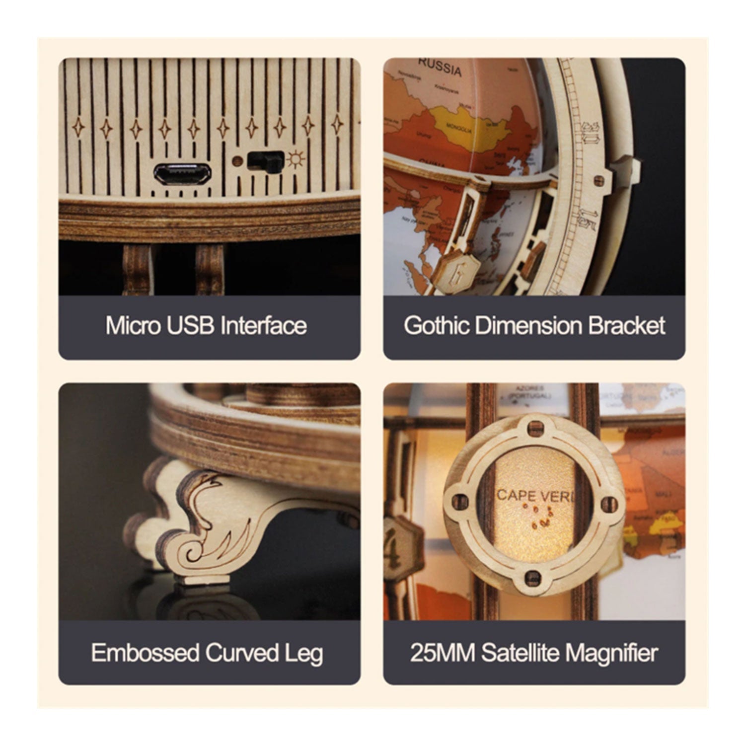 Vier Nahaufnahmen des 3D-Holzpuzzles „Eulen Puzzle“ enthüllen komplizierte Details: eine Micro-USB-Schnittstelle, eine Halterung im gotischen Stil, ein geprägtes, gebogenes Bein und eine 25-mm-Lupe mit der Aufschrift „Cape Very“, die an ein Holzmodell-Meisterwerk erinnert.