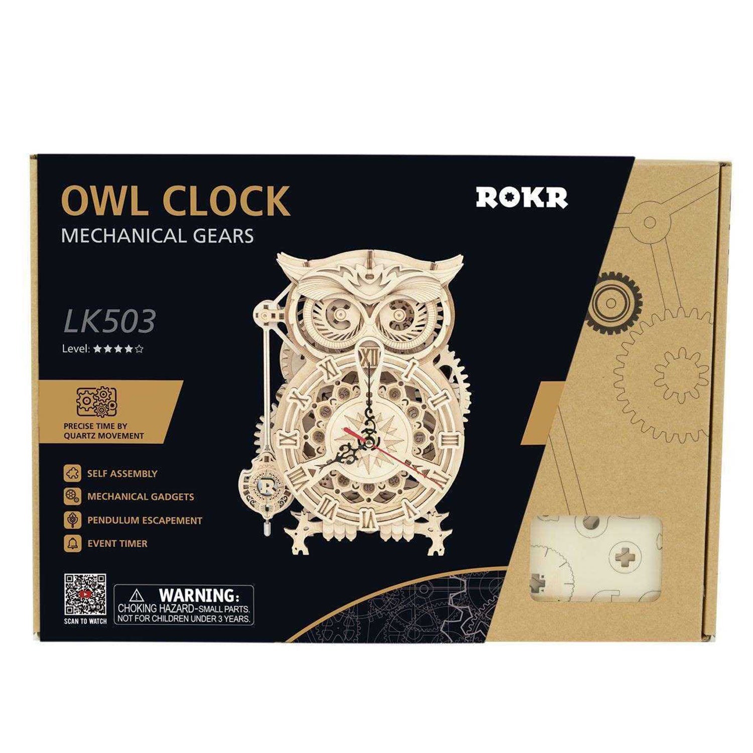 Das Bild zeigt eine Schachtel für den ROKR LK503 „Eulenuhr“-Modellbausatz mit mechanischem Getriebe, ein selbst zusammenbaubares 3D-Holzpuzzle mit Pendelhemmung und Ereigniszeitgeber, das ein filigranes Uhrendesign in Eulenform aufweist. Ideal für Enthusiasten.