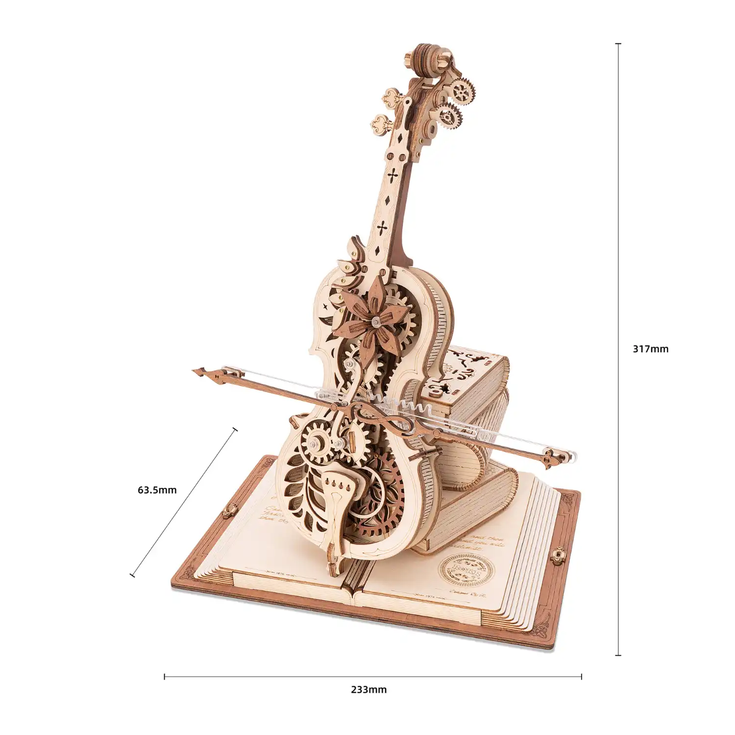 Dieses kunstvoll gestaltete 3D-Holzpuzzle „Magisches Cello“ ist ein hölzernes Geigenmodell mit sichtbaren Zahnrädern, das auf einem offenen, buchähnlichen Sockel ruht. Ideal für alle Musikliebhaber: Es ist 317 mm hoch, 233 mm breit und 63,5 mm tief und zeugt von exquisiter Handwerkskunst.