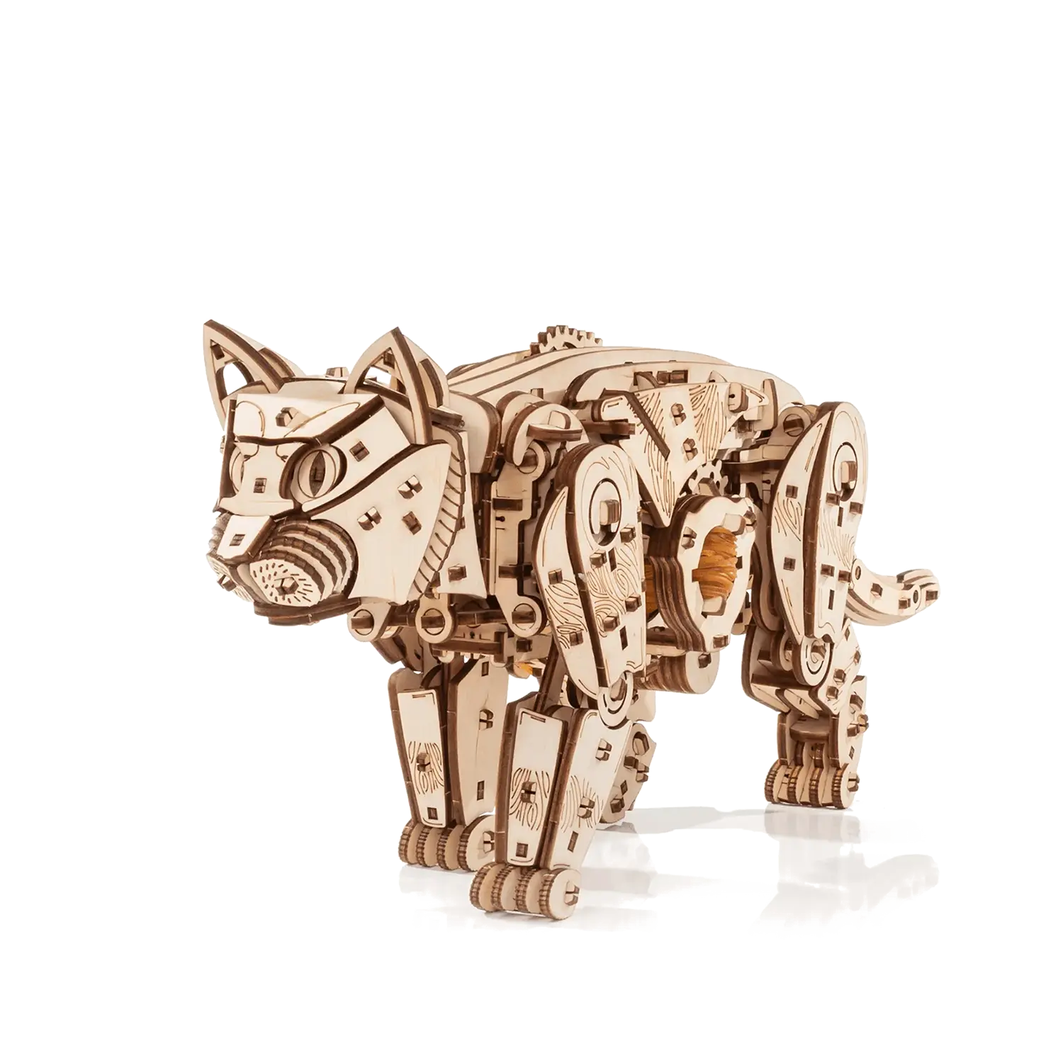 3D-Holzpuzzle Mechanische Katze, natur: Holzkatze mit sichtbaren Zahnrädern.