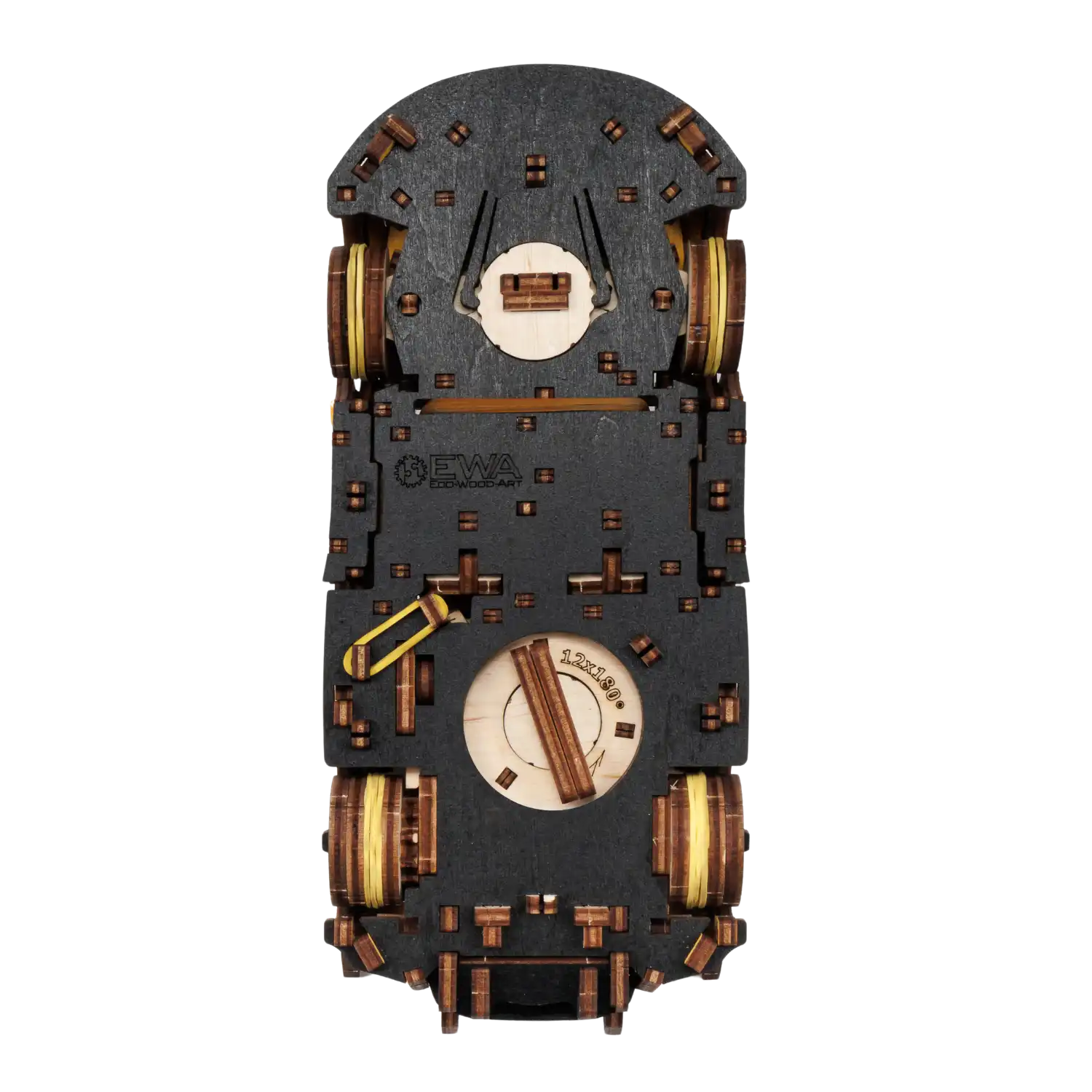 Der mechanische Puzzle-Schloss-Mechanismus aus Holz mit Zahnrädern, runden Scheiben und dem Wort „LOCK“ auf einer dunkel strukturierten Oberfläche ist perfekt für Modellbau-Fans. Er spiegelt die komplexe Kunstfertigkeit der detaillierten Designs des 3D-Holzpuzzles „Rennwagen gelb“ wider.