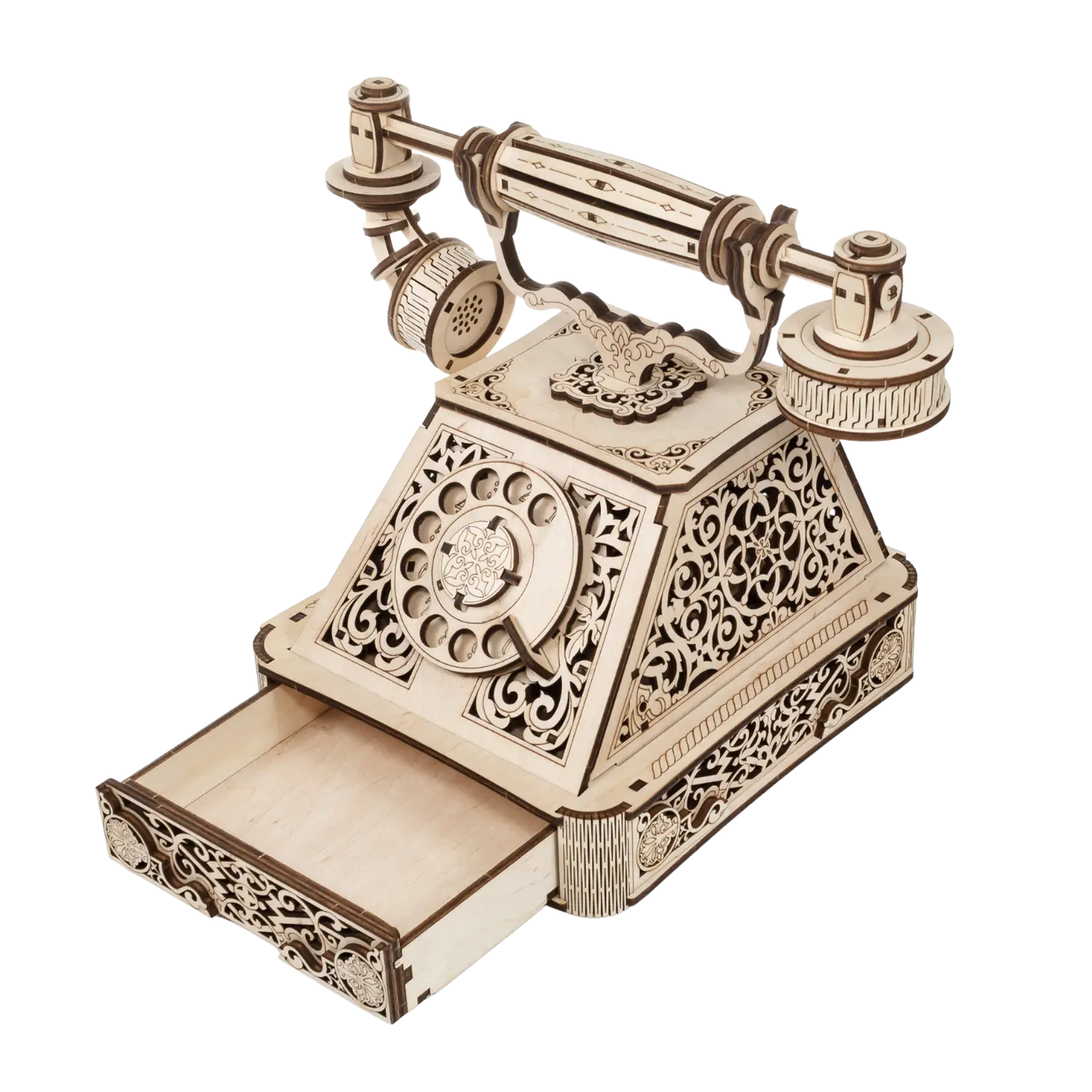 3D-Holzpuzzle Retro Telefon mit Schublade, im flexboxähnlichen Design.