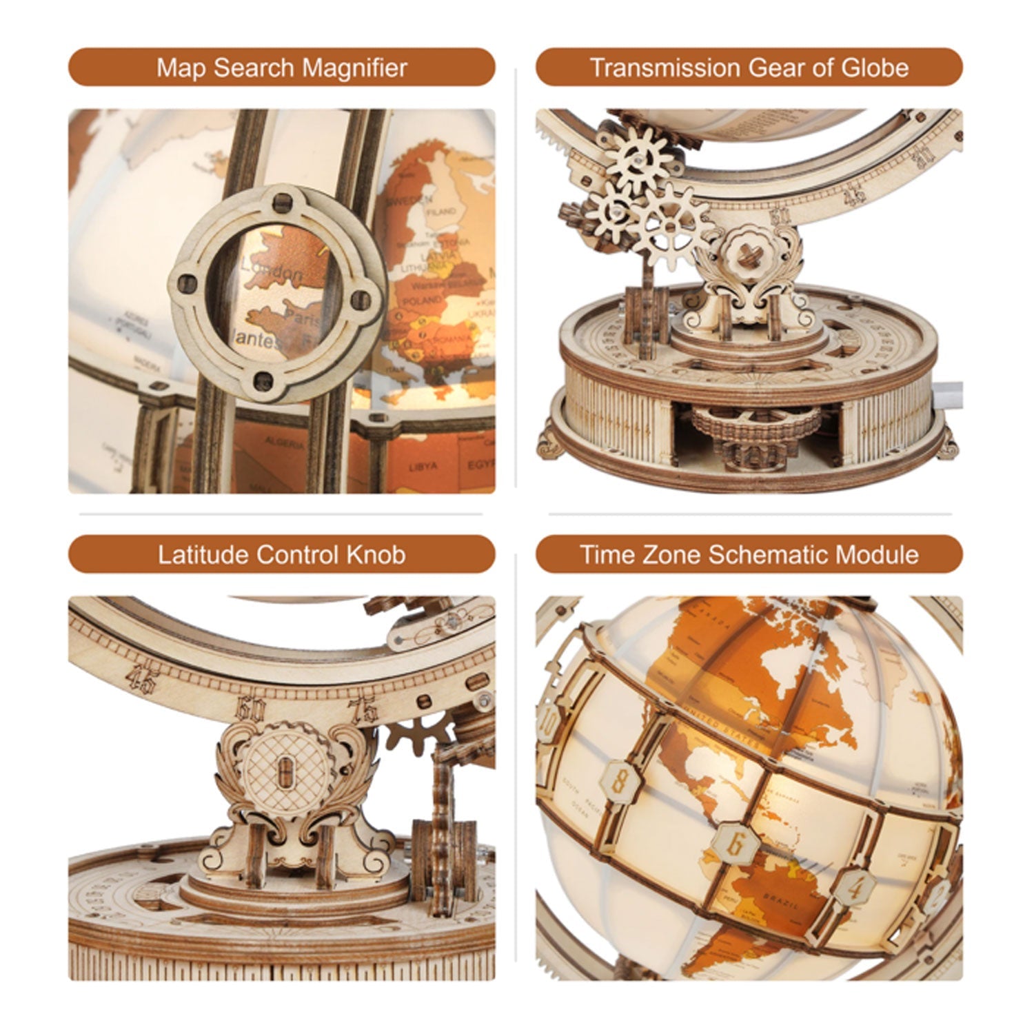 Das 3D-Holzpuzzle „Eulen Puzzle“ besteht aus vier beschrifteten Komponenten: Kartensuchlupe, Globusgetriebe, Breitengrad-Kontrollknopf und Zeitzonen-Schemamodul. Jeder Abschnitt zeigt komplexe Zahnräder und Kartendetails, die der Präzision eines Quarzuhrwerks ähneln.