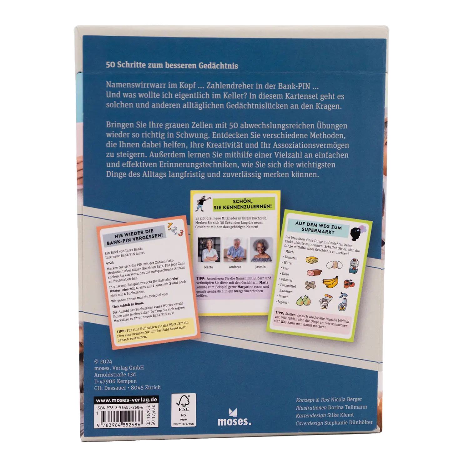 Auf der Rückseite von „50 Schritte zum besseren Gedächtnis“ sind drei Gedächtnistrainingskarten abgebildet. Auf Deutsch finden sich Übungen und Tipps für ein effizientes Training zur Steigerung der mentalen Fitness. Unten ist das Logo des Verlags zu sehen.