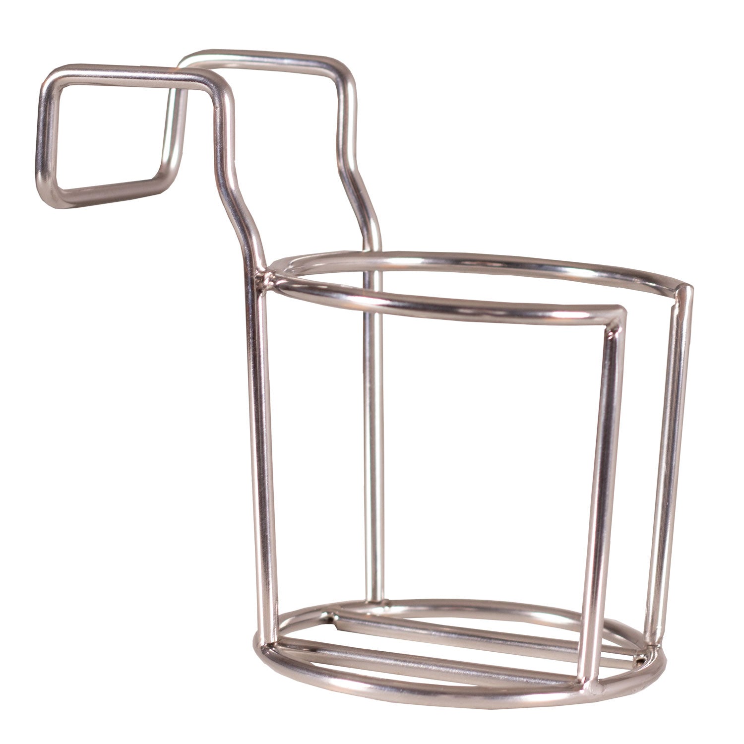 Ein Strandkorb Zubehör Glas-/Becherhalter aus Edelstahl mit zylindrischer Form und quadratischem Griff, ideal für Fahrzeuge oder Fahrräder.