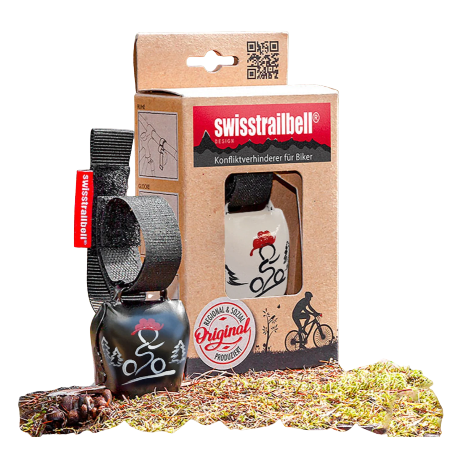 Fahrradglocke swisstrailbell® in Verpackung auf Moos, Schweizer Qualität.
