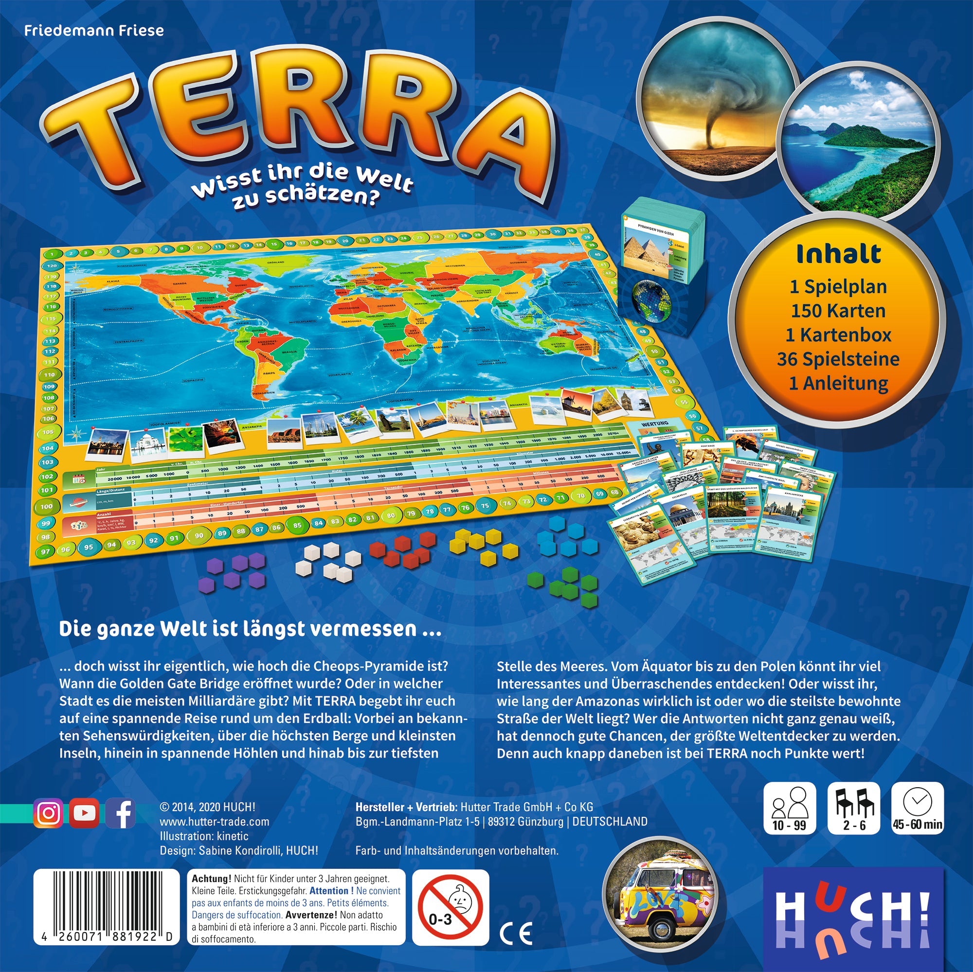 Auf der Rückseite der Terra-Spielschachtel sind das Spielbrett, die Spielsteine, die Karten und Informationen zum Inhalt zu sehen – ideal für Entdecker, die sich für Wahrzeichen der Welt wie das Burj Khalifa interessieren.