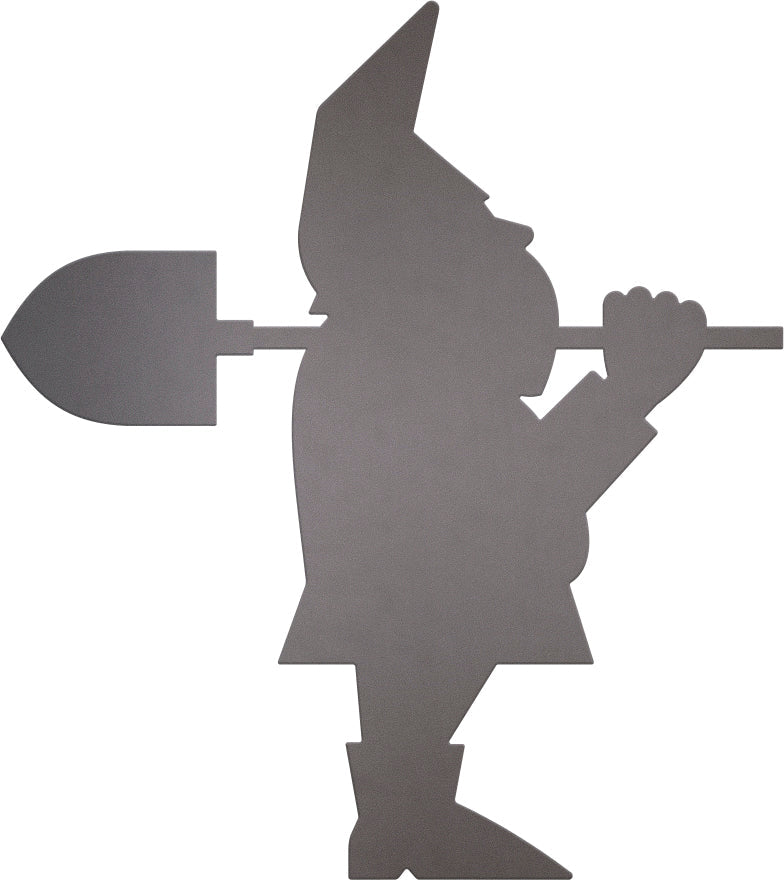 Eine aus Stahl gefertigte Gartenzwerg-Silhouette mit Schaufel über der Schulter, nach rechts blickend – ideal für Fans von Gartenzwergen und ausgefallenen Gartenfiguren.