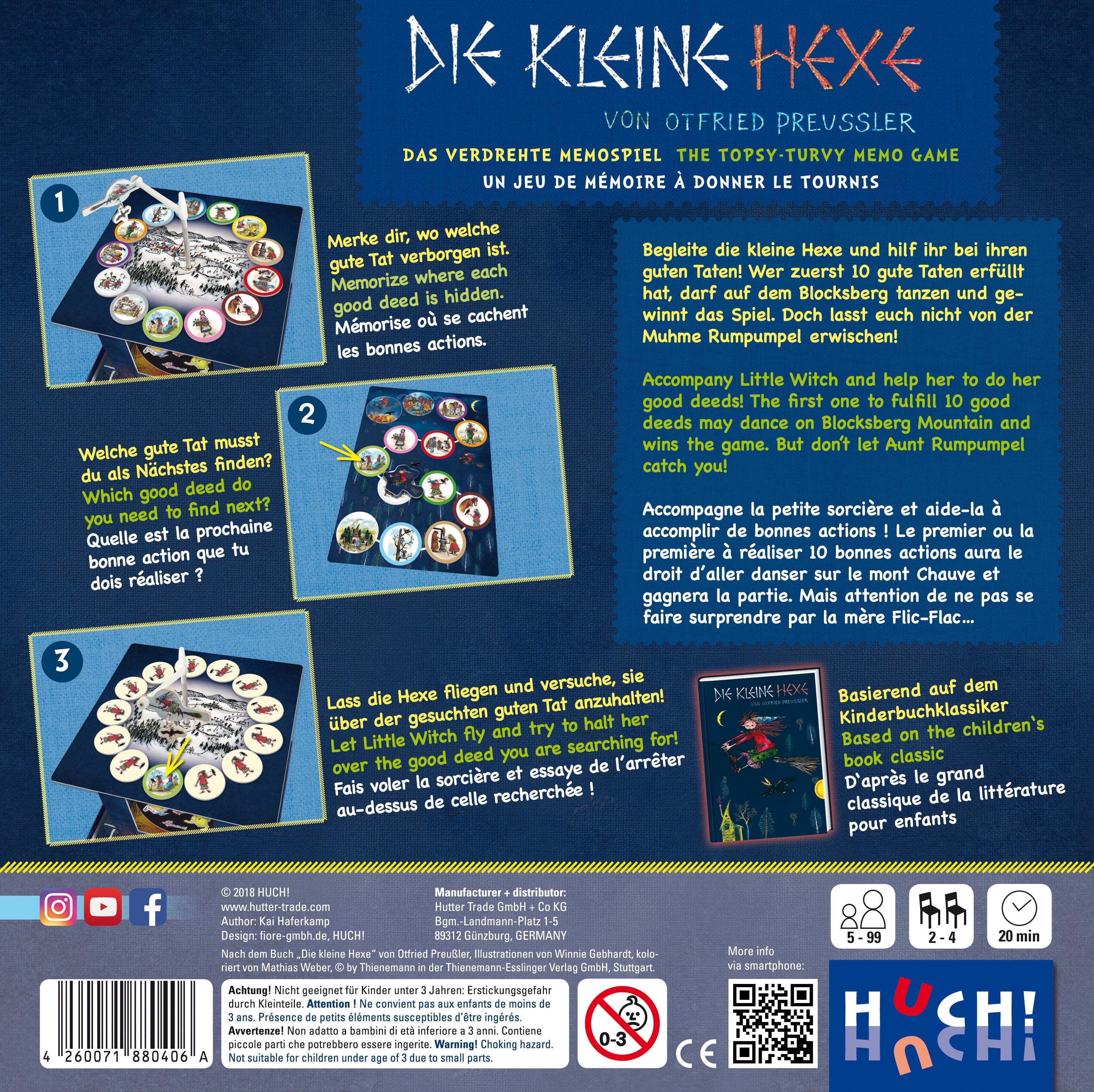 Rückseite der Schachtel „Die kleine Hexe – Das verdrehte Memospiel“ mit Spielsteinen, Spielanleitung und mehrsprachigem Text – ideal für Fans dieses Kinderbuchklassikers.