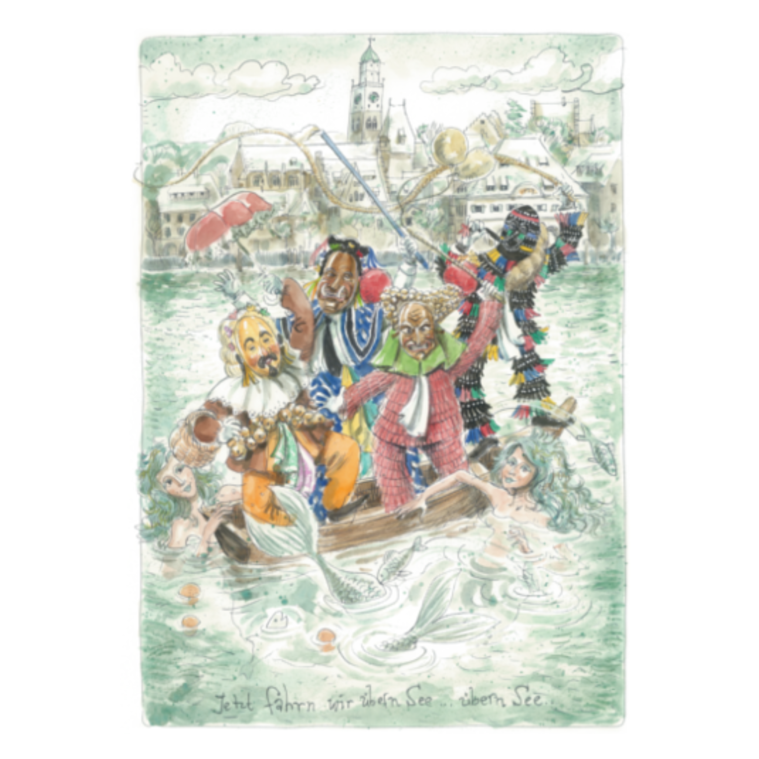 Vier bunte Clowns auf einem Floß treiben auf einem See mit Meerjungfrauen und einer Stadt im Hintergrund. „Fasnet: Kunstdruck Seefahrt“ (DIN A4) von Michael Meier ist ein Druck in limitierter Auflage, der jeder Sammlung lebendigen Charme verleiht.
