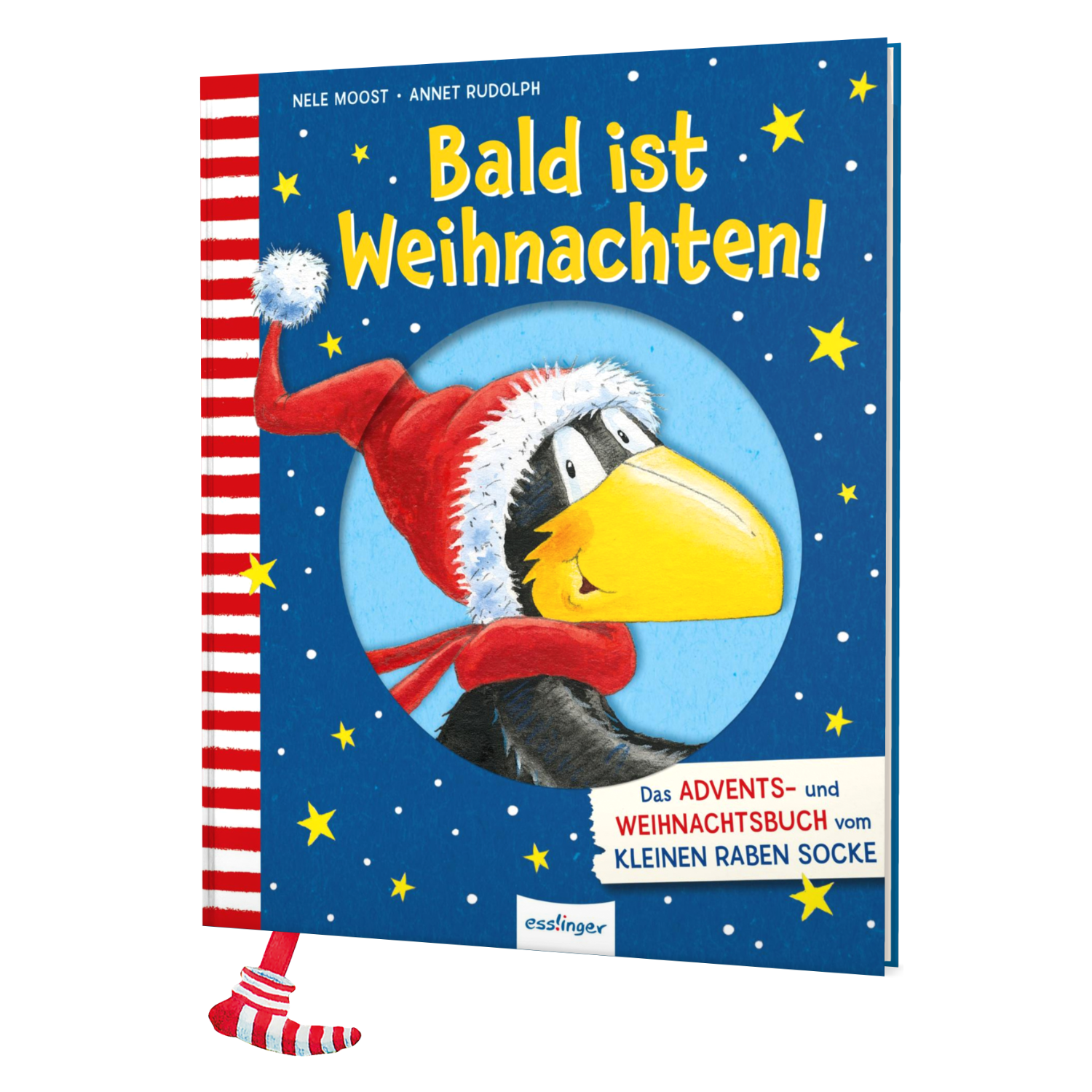 Buchcover von „Der kleine Rabe Socke – Bald ist Weihnachten!“ zeigt Cartoon Rabe Socke mit Weihnachtsmütze, Sternen und dem Text „Bald ist Weihnachten!“ auf blauem Grund – ein herrlicher Auftakt für Weihnachtsgeschichten.