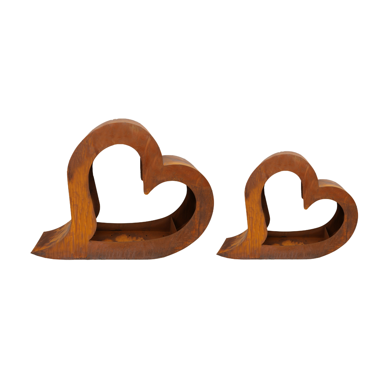 Zwei Edelrost Herz Pflanzgefäße, 2er Set, als charmante Gartendeko auf weißem Hintergrund.