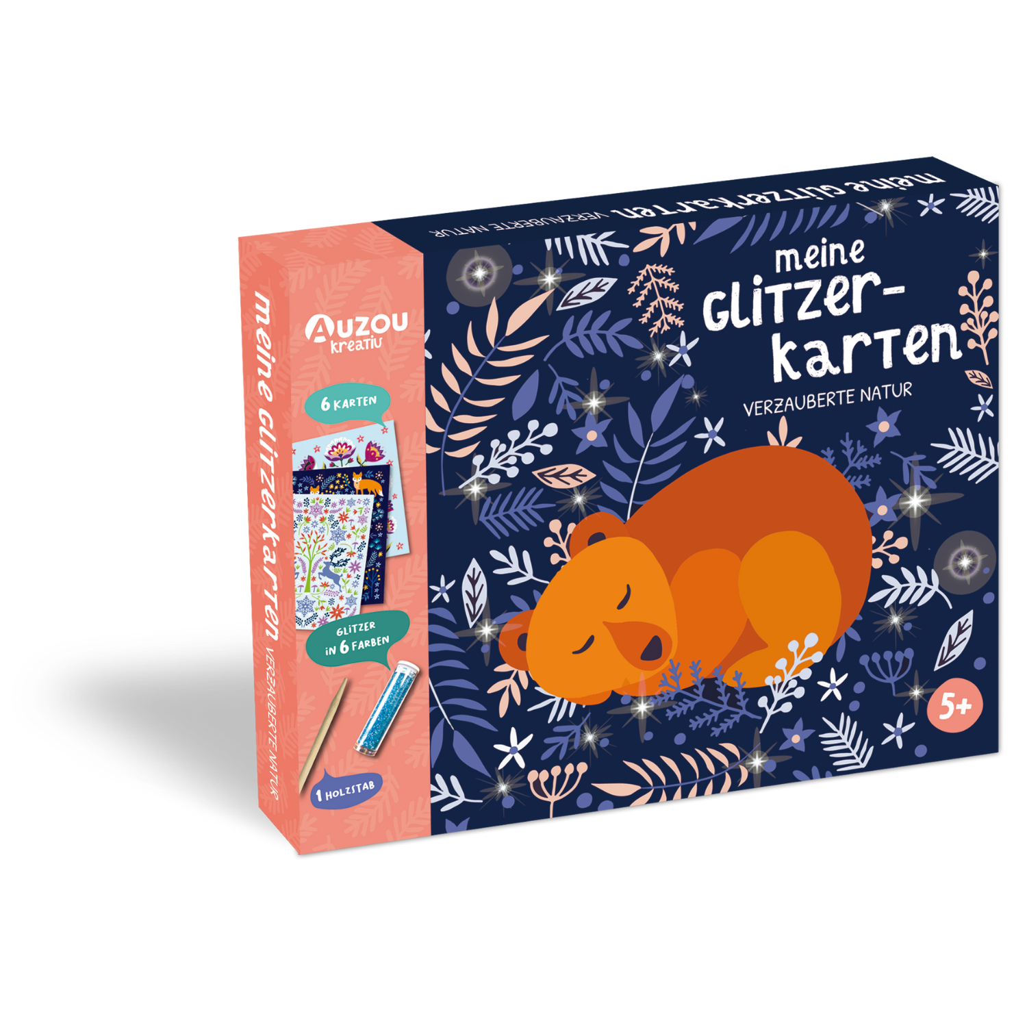 Eine Bastelset-Box mit dem Titel „Meine Glitzerkarten – Verzauberte Natur“ mit einem schlafenden Bären und floralen Motiven – perfekt als Kreativset für Kinder.