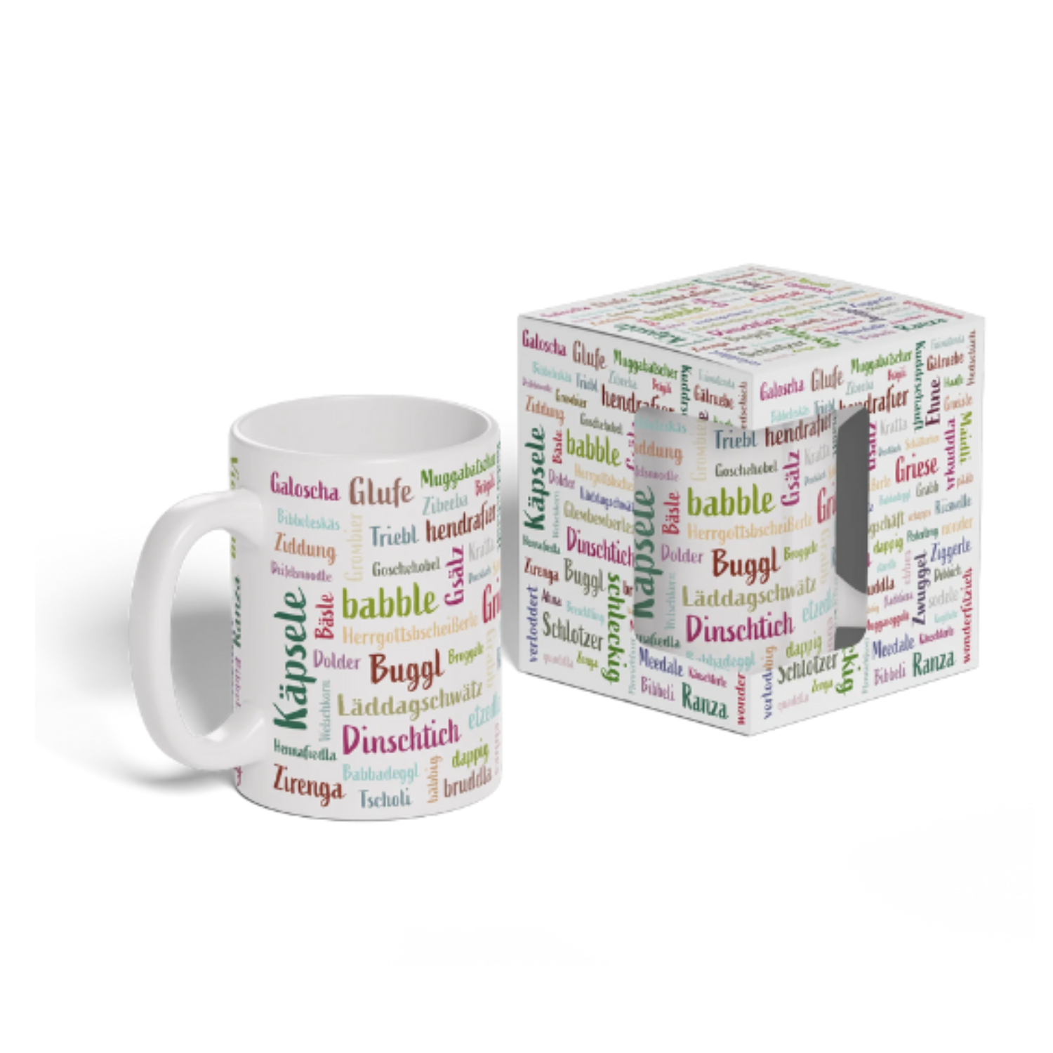 Die Mundart-Tasse besteht aus einer weißen Tasse und einer dazu passenden Box, beides verziert mit bunten, verspielten Sprüchen in verschiedenen Schriftarten – ideal für alle, die die Schwabenländer Landessprache lieben.