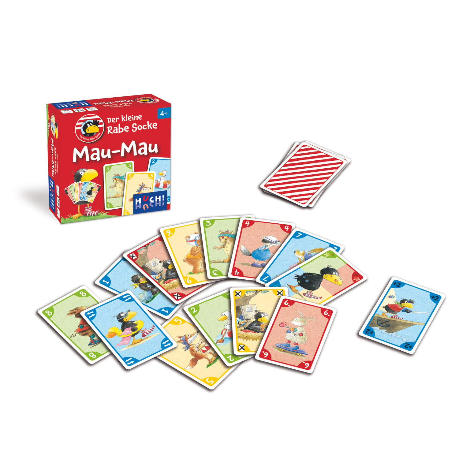 Der kleine Rabe Socke – Mau Mau: Farbenfrohes Kartenspielset für Kinder mit illustrierten Karten im Rabe-Socke-Design und einer rot gestreiften Kartenbox.