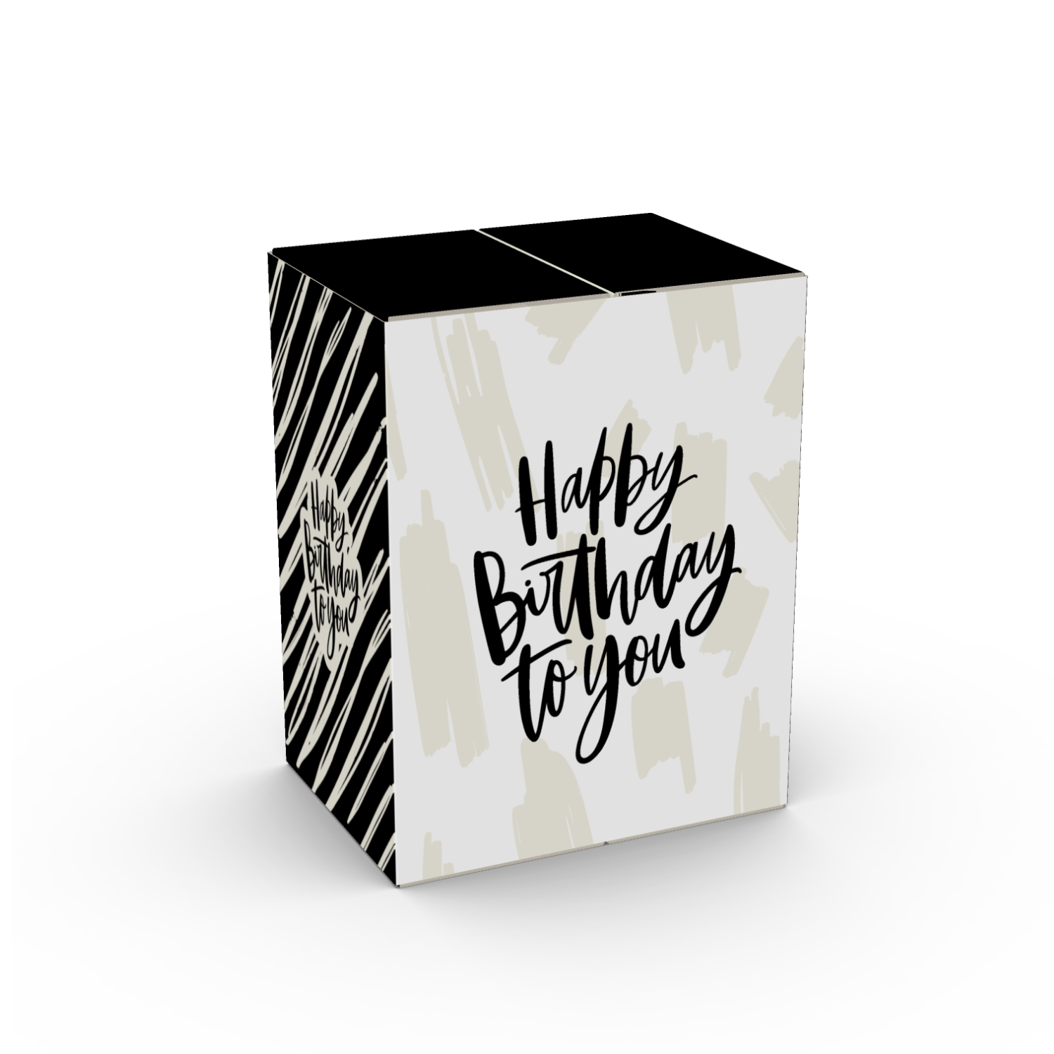 Grußkarte mit „Happy Birthday to you“ in schwarzer Schrift auf weiß-beigem Hintergrund, perfekt passend zur Gin-Miniatur-Geschenkbox „BOAR GIN®“.