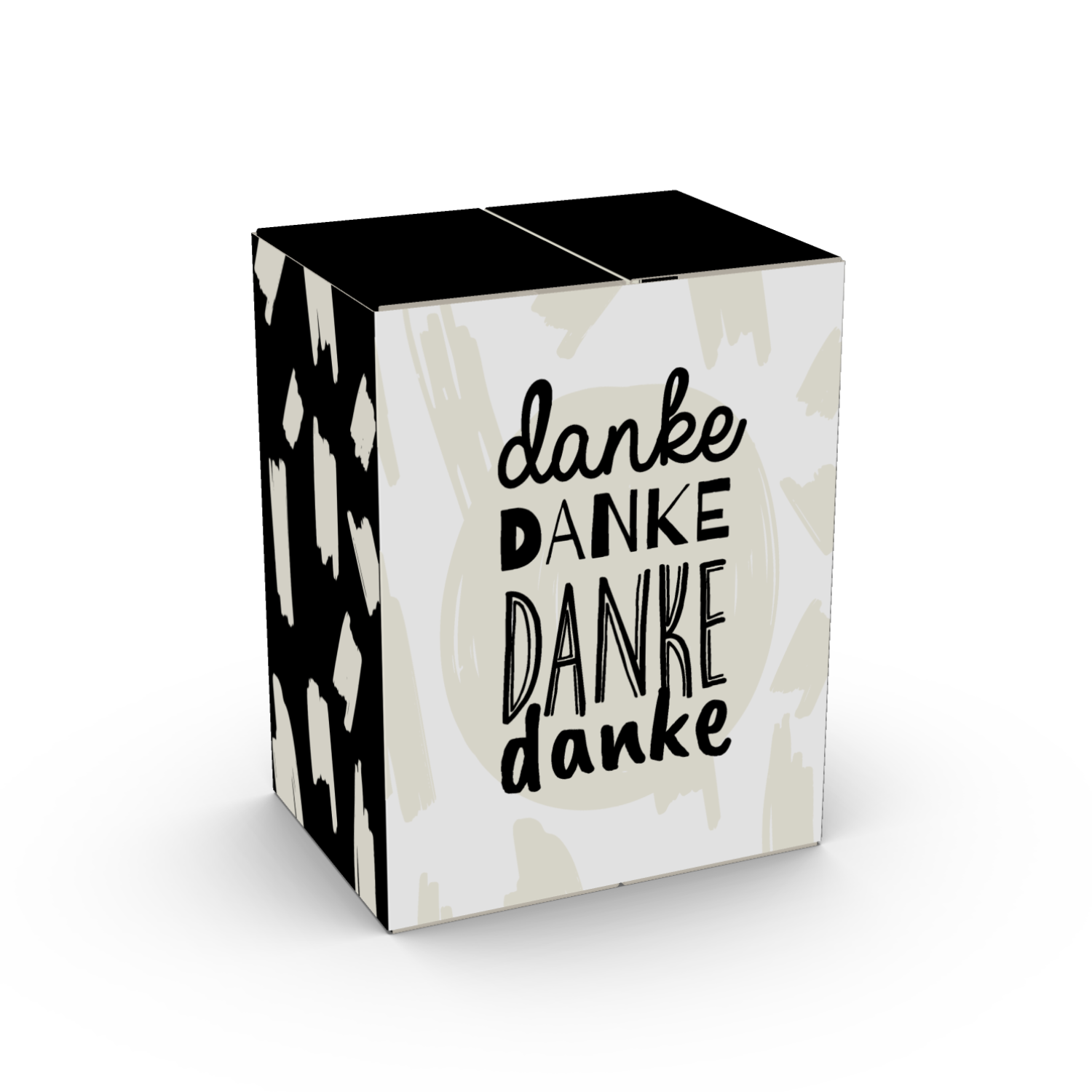 Die Gin-Miniatur-Geschenkbox „BOAR GIN®“ zeigt „Danke“ in verschiedenen Stilen auf einem schwarz-weiß gemusterten Hintergrund – ein perfektes Schwarzwald Gin-Geschenk, um Dankbarkeit auszudrücken.