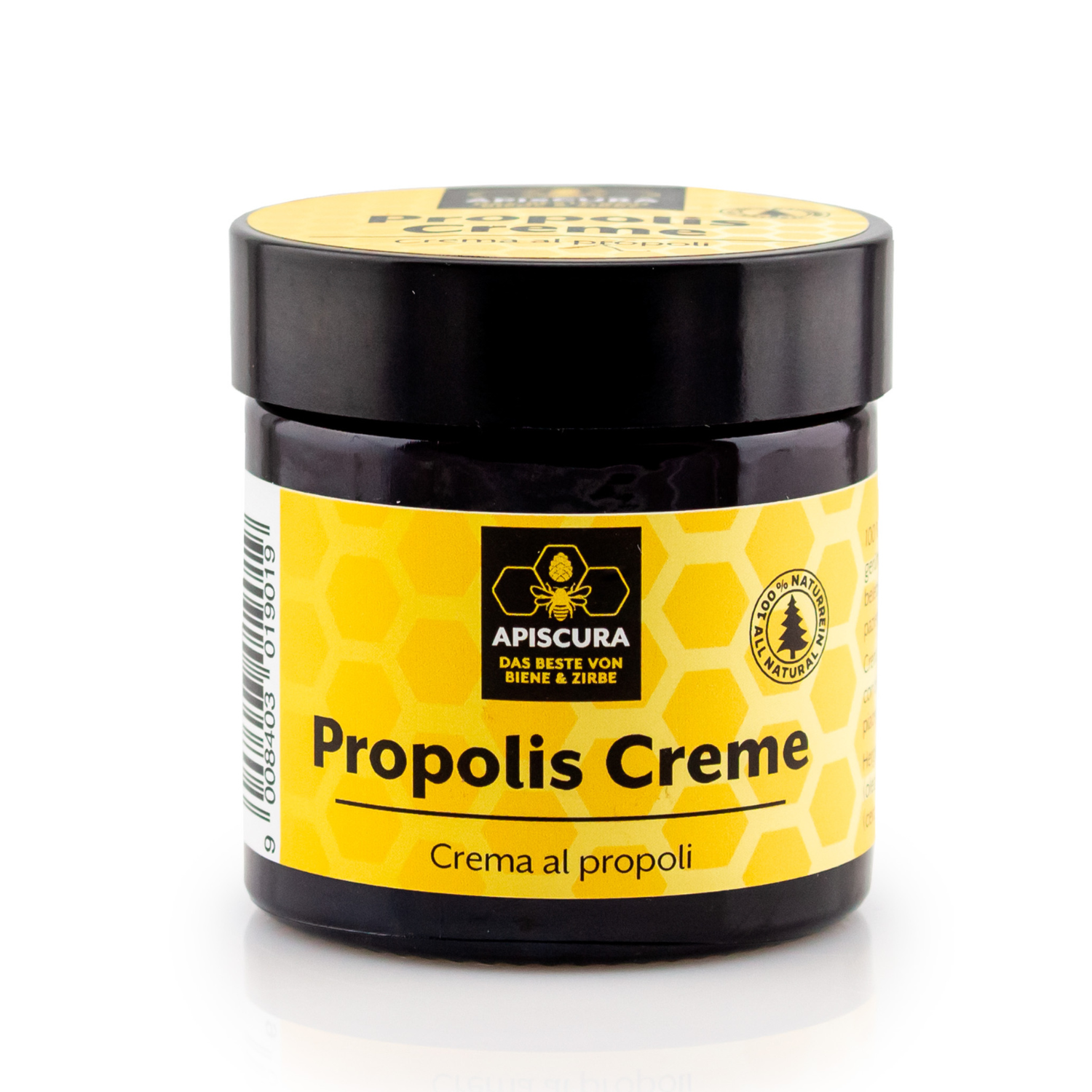 Ein Tiegel Propolis-Creme mit gelbem Wabenetikett und schwarzem Deckel, ideal für empfindliche Haut und zur Linderung von Hautirritationen.