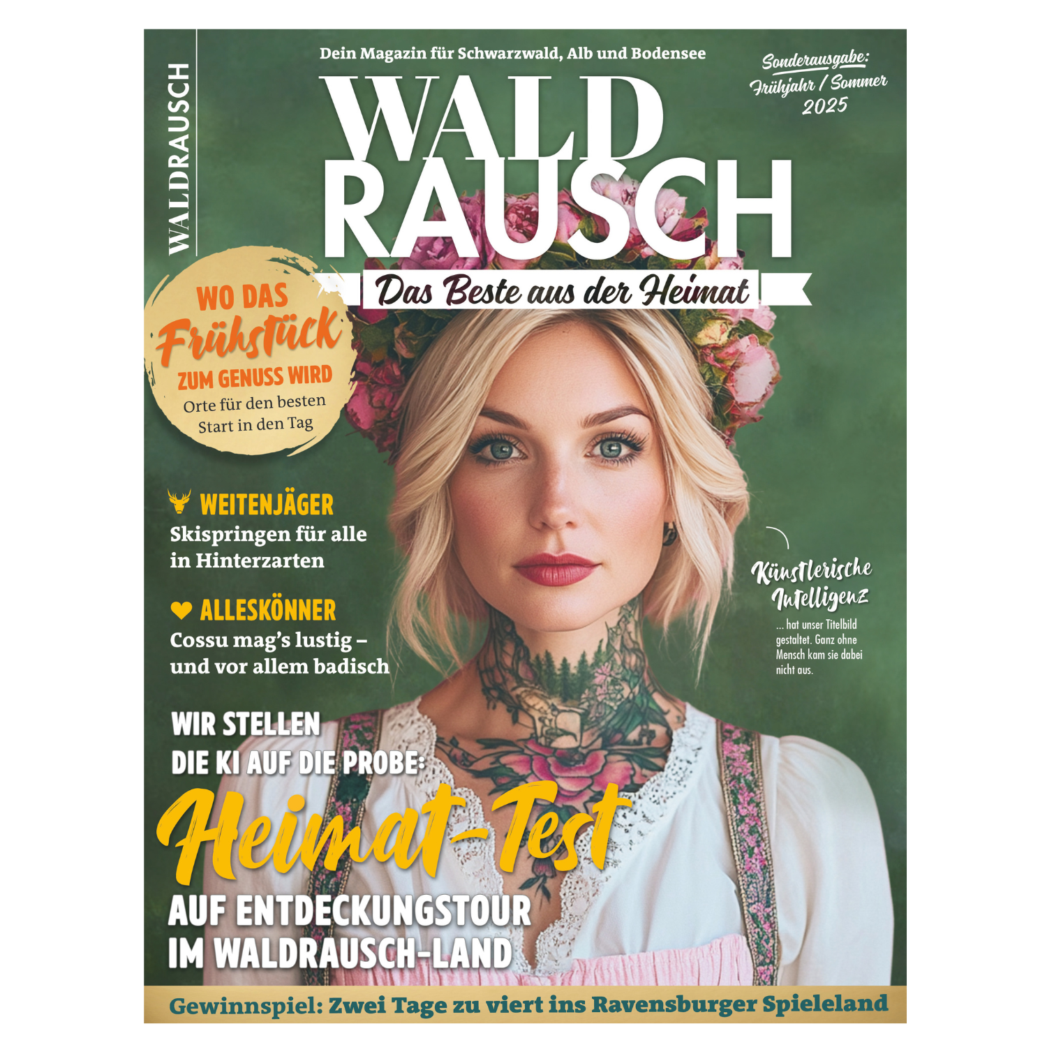 Eine blonde Frau in traditioneller Kleidung und mit Blumenkranz ziert das Cover von Waldrausch – Sonderausgabe März 2025, einer Zeitschrift, die die Kultur und Schönheit des Schwarzwalds feiert.