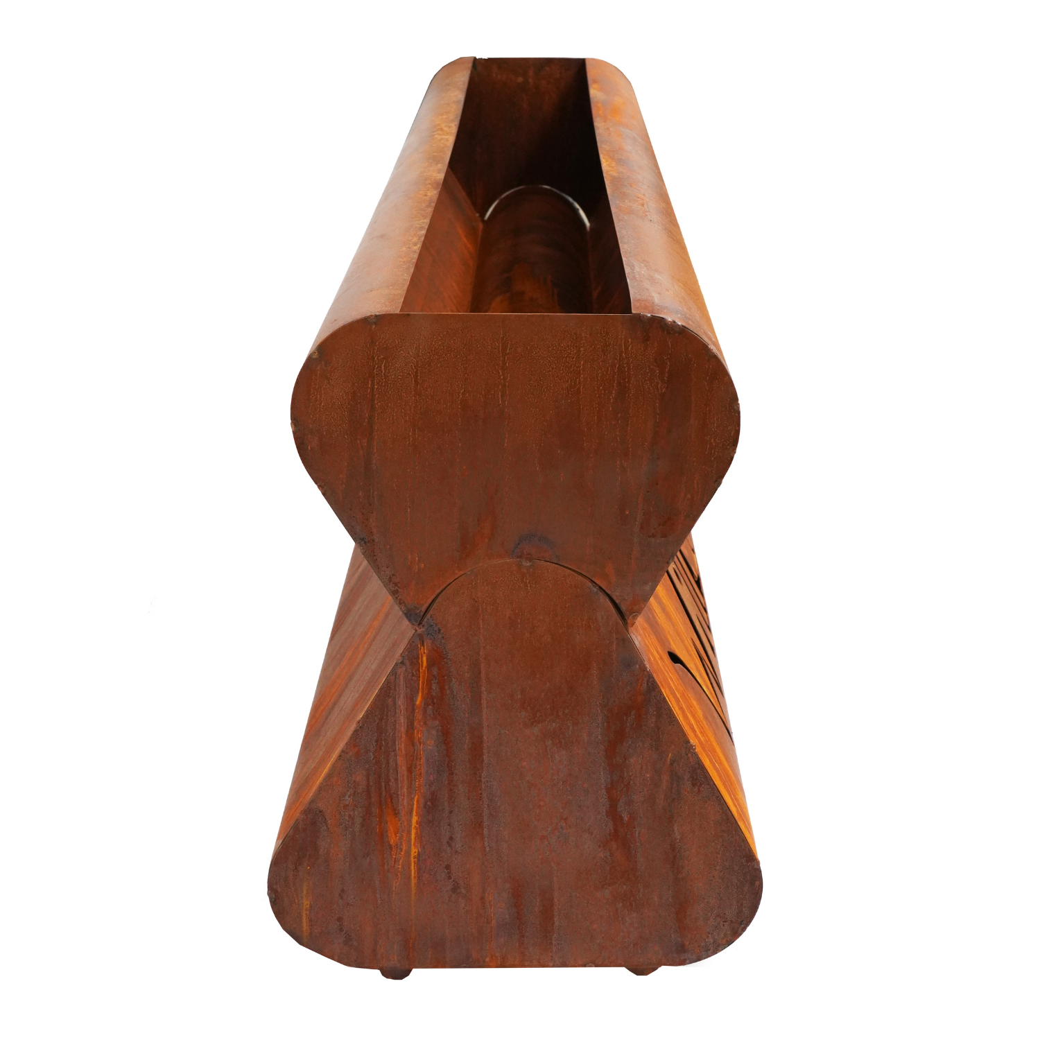 Edelrost Pflanzengefäß Bregenz von Leonos, X-förmig im Rost-Look, Endansicht.