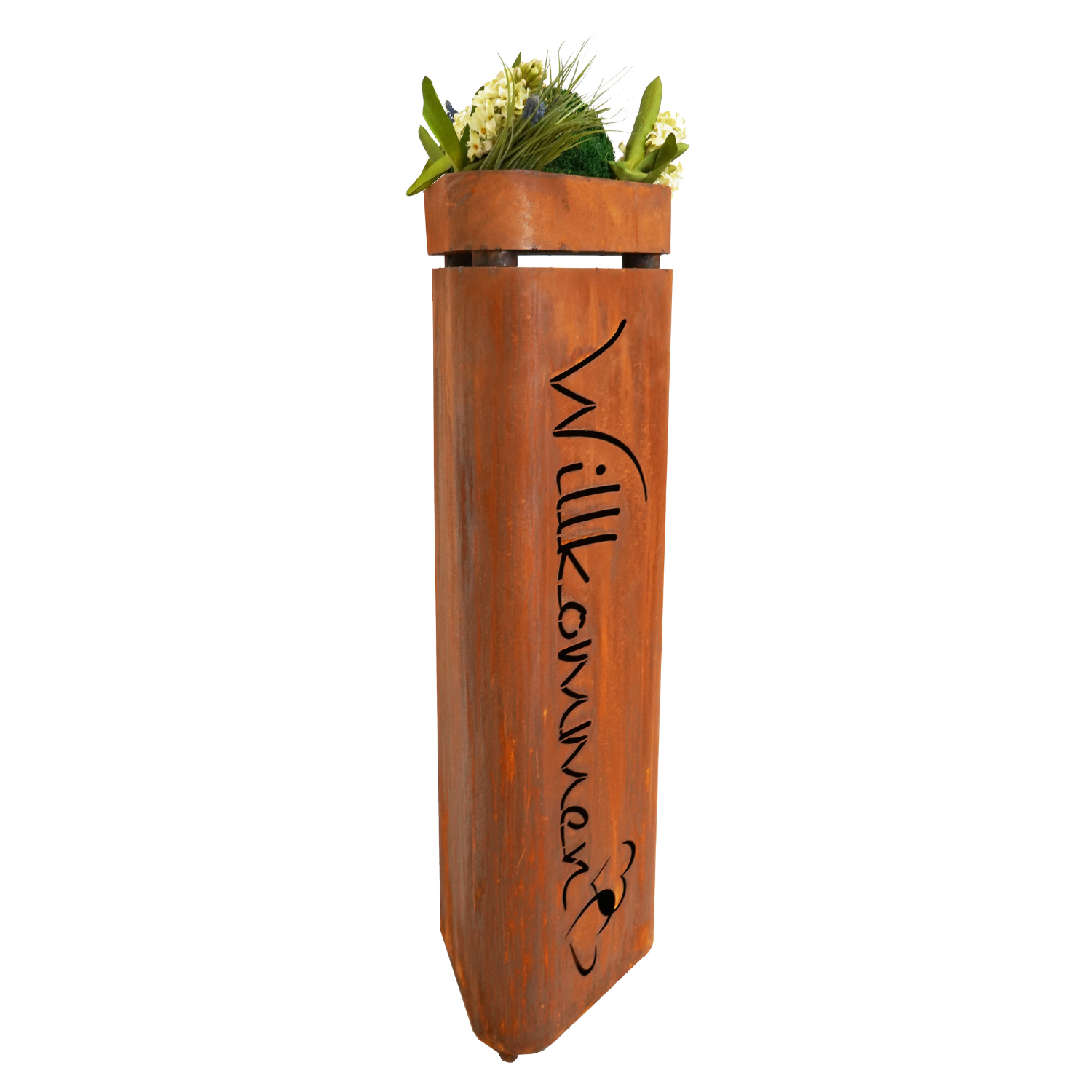 Edelrost Pflanzsäule Willkommen mit Schale - perfekte rustikale Gartendeko.