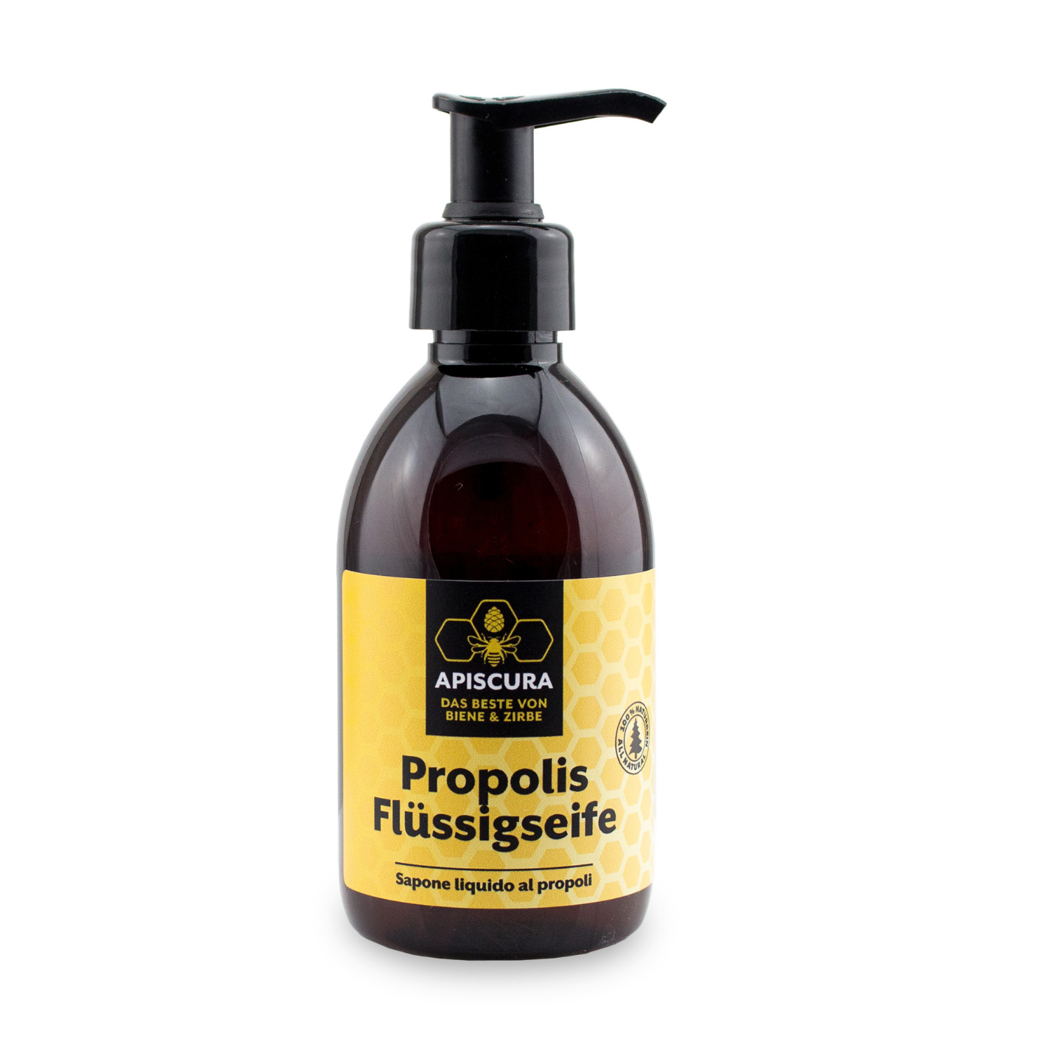 Die braune Pumpflasche mit der Aufschrift „Propolis Flüssigseife“ verfügt über ein gelbes Etikett mit Wabendesign und bietet feuchtigkeitsspendende Pflege für die sanfte Handreinigung.