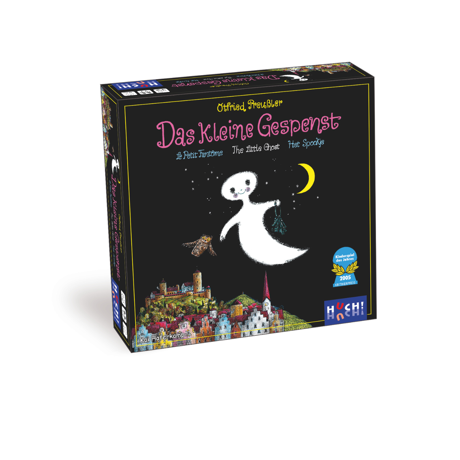 Das kleine Gespenst: Die Box zeigt ein weißes Gespenst, das nachts über eine Stadt schwebt – ein spannendes Familienspiel für alle, die Gedächtnis und Spaß verbinden möchten.