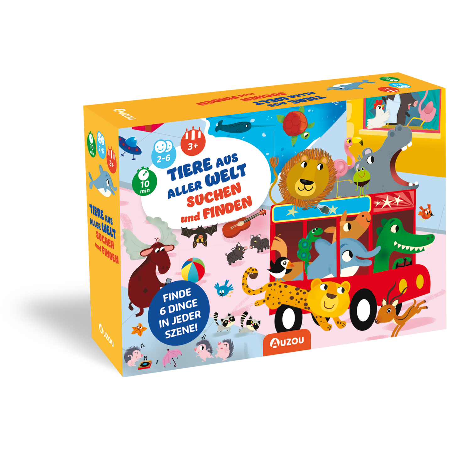 Bunte Box für das Brettspiel „Tiere aus aller Welt suchen und finden“ mit Cartoon-Tieren und einem roten Bus – perfekt zum Beobachten und Entdecken von Bildern aus aller Welt.