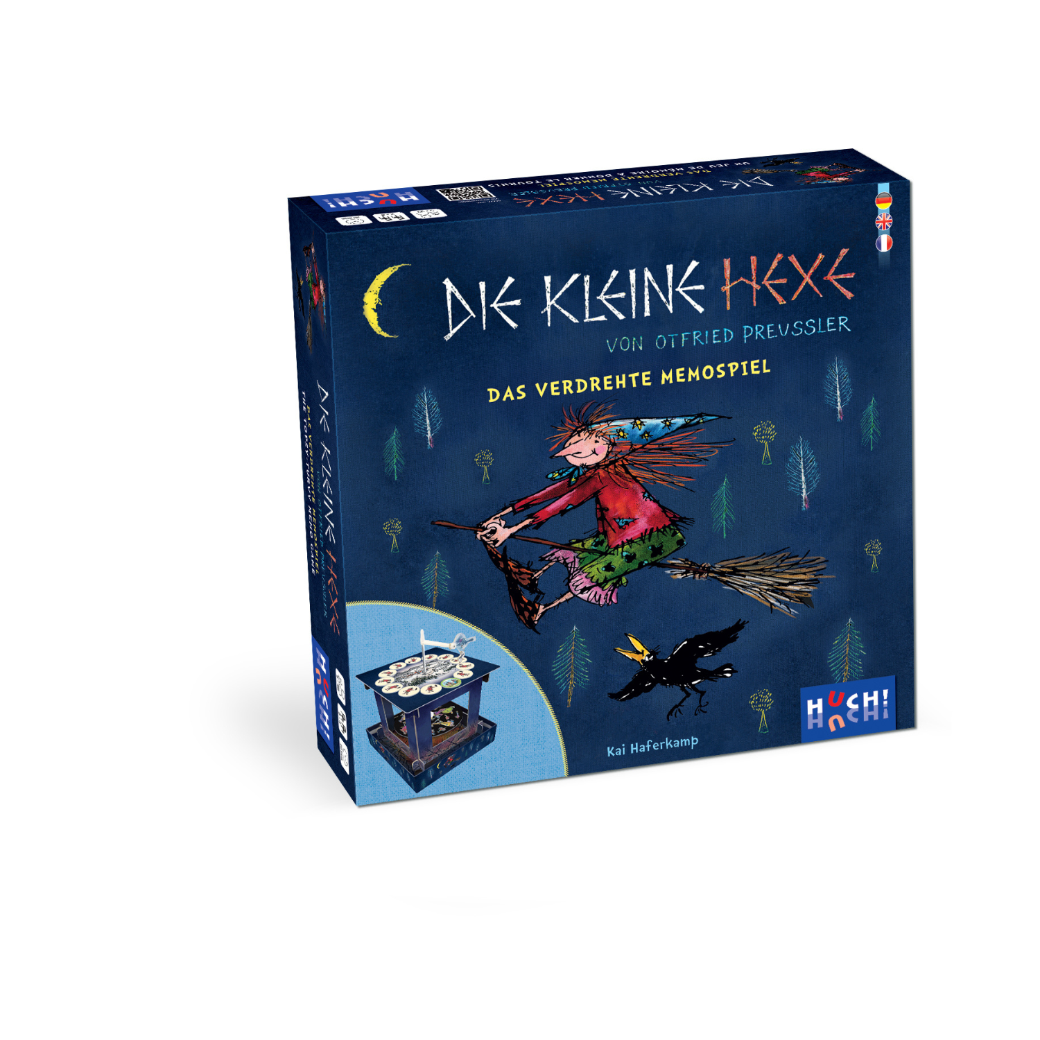 Schachtel „Die kleine Hexe – Das verdrehte Memospiel“ mit einer verspielten Hexe und ihrer Krähe auf dunkelblauem Hintergrund – ideal für Fans des Kinderbuchklassikers.