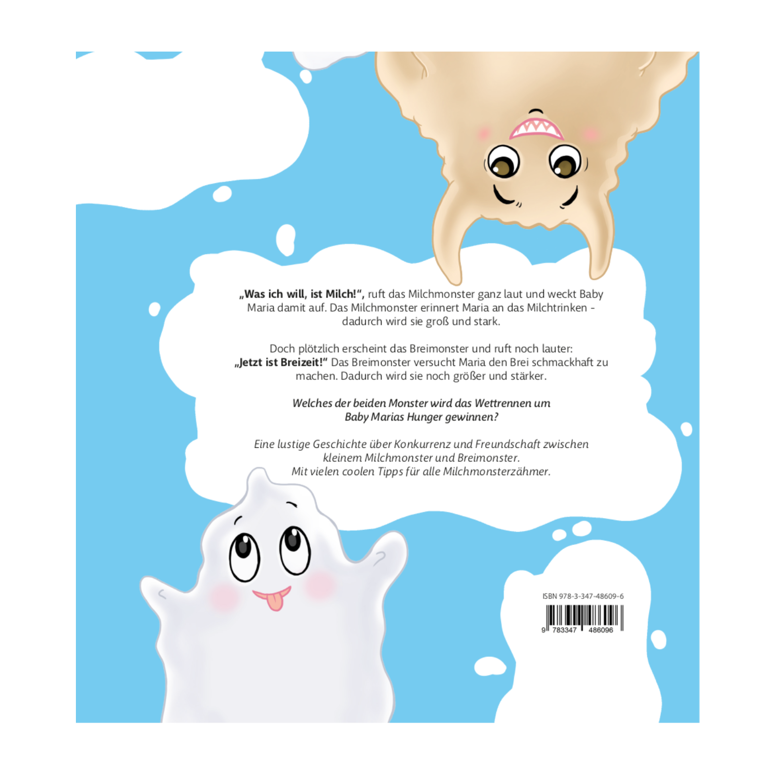 Ein süßes Lächeln von Das Milchmonster und Breimonster auf hellblauem Hintergrund mit weißen Spritzern und deutschem Text, mit Baby Maria.