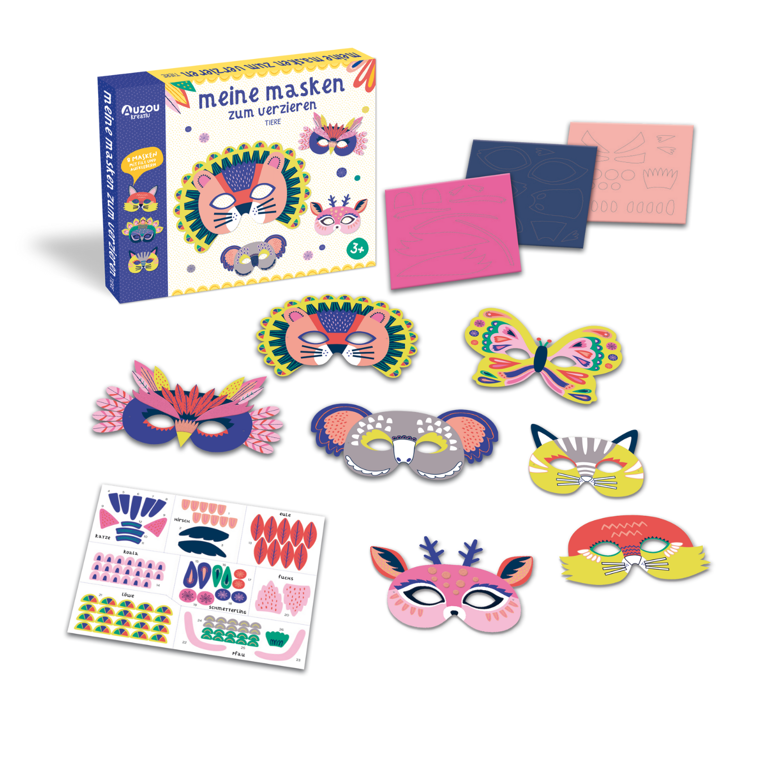 Farbenfrohes DIY-Set „Meine Tiermasken zum Verzieren“ mit Tier- und Schmetterlingsmasken, Schablonen, Filzaufklebern und farbenfroher Verpackung inklusive.
