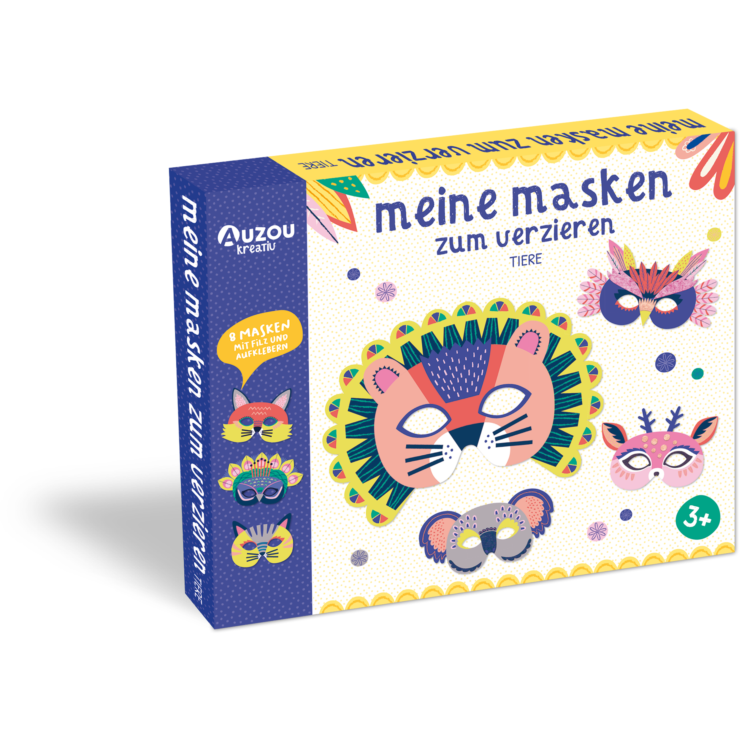 Eine farbenfrohe Box mit der Aufschrift „Meine Tiermasken zum Verzieren“ enthält illustrierte Tiermasken für Kinder ab 3 Jahren und enthält lustige Filzaufkleber zum kreativen Dekorieren.