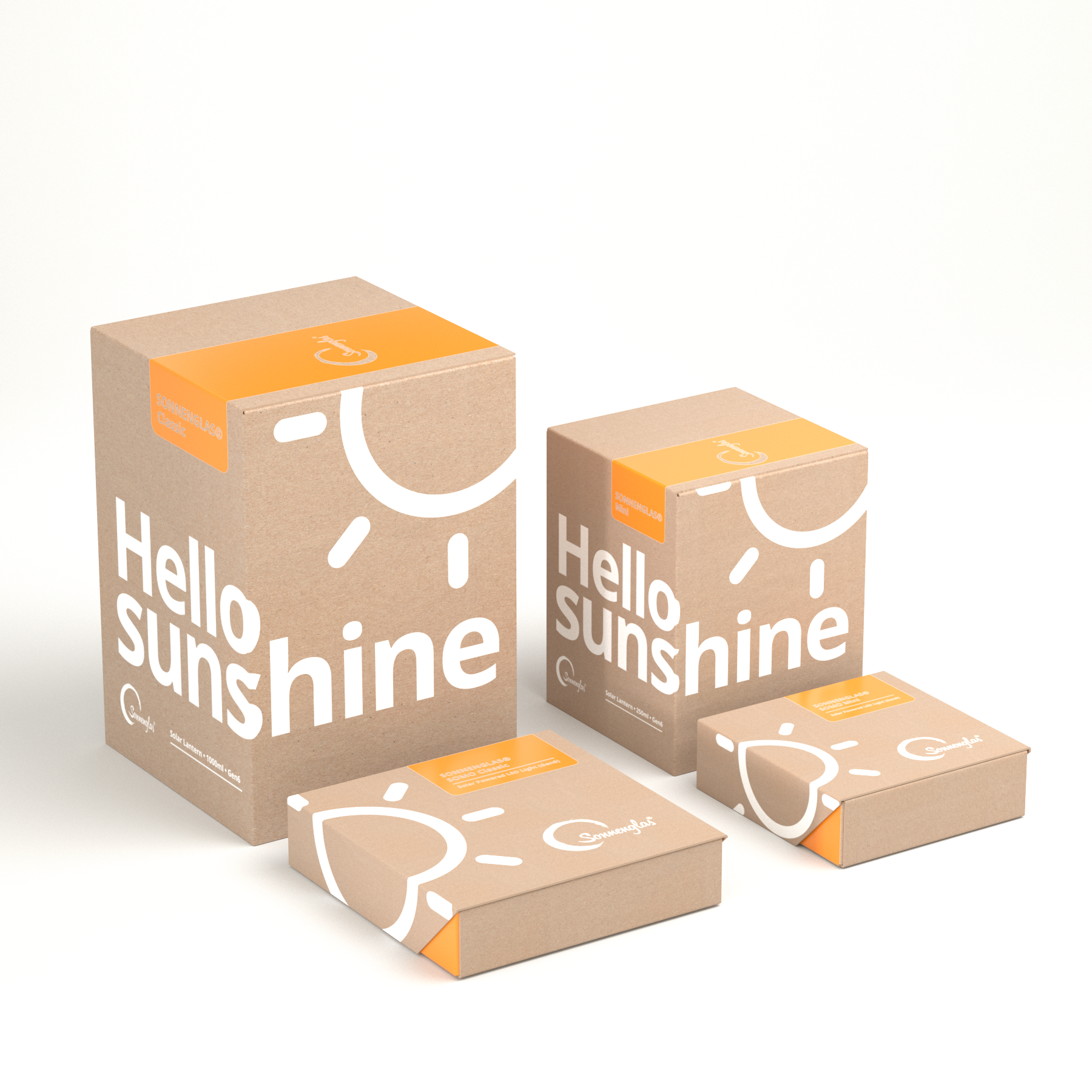 Vier SONNENGLAS® Classic (Generation 6)-Boxen mit „Hello Sunshine“- und Sonnengrafiken in Weiß und Orange präsentieren die Funktion der Solarlaterne, während Angaben zu Leuchtdauer und Sonnenmodul auf weißem Hintergrund erscheinen.
