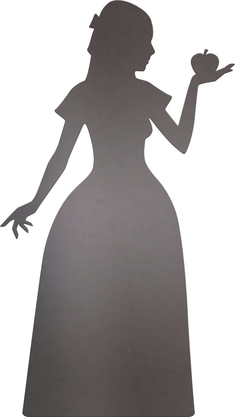 Silhouette einer Frau in einem langen Kleid, die einen Apfel in einer Hand hält, gefertigt als Gartenzwerg – eine elegante Alternative zu traditionellen Gartenfiguren.