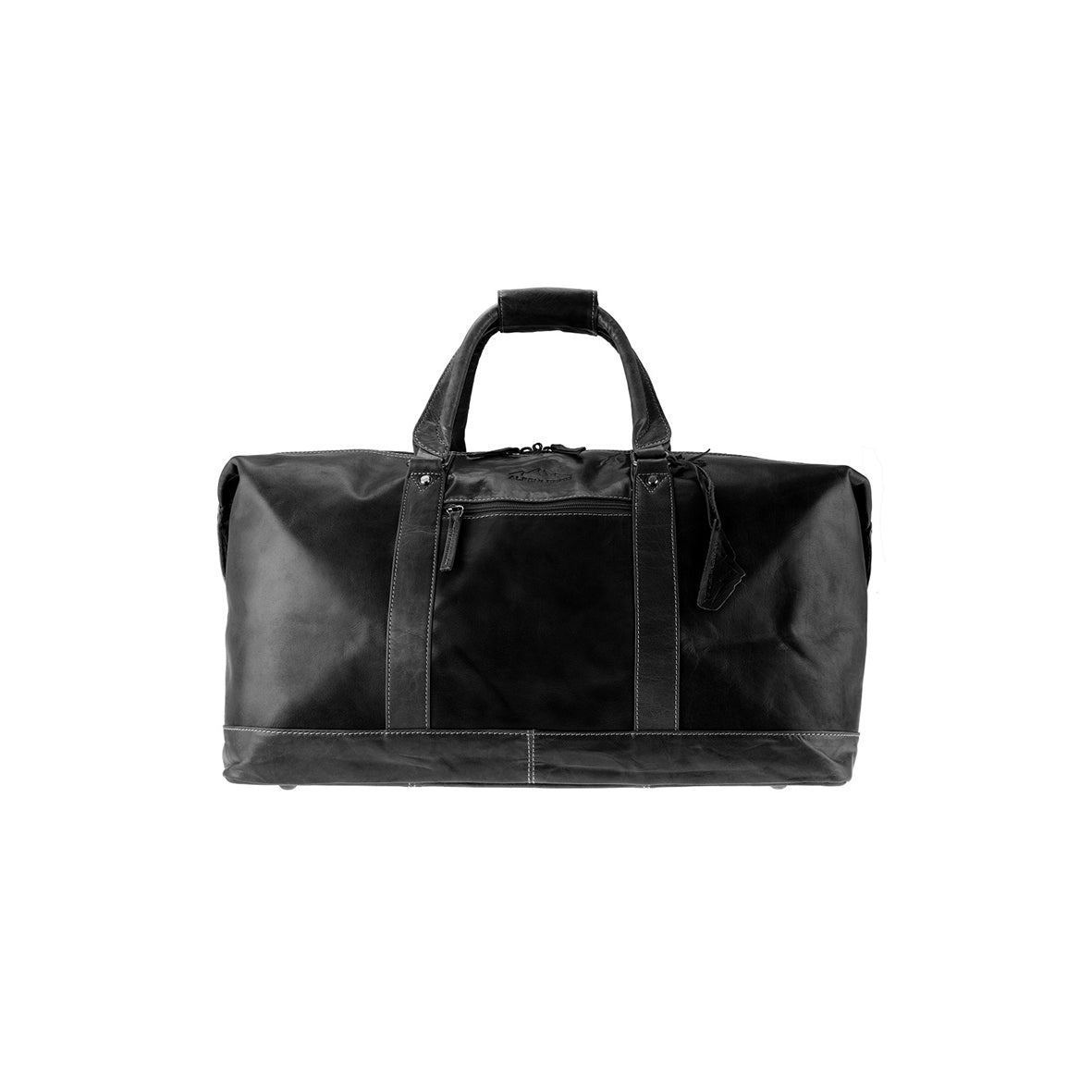 Die Reisetasche ALABAMA ist ein schwarzer Weekender aus Leder mit zwei Tragegriffen, einem abnehmbaren Schultergurt und einer Reißverschlusstasche vorne mit Akzentnähten auf weißem Hintergrund. Perfekt für jeden Kurzurlaub.