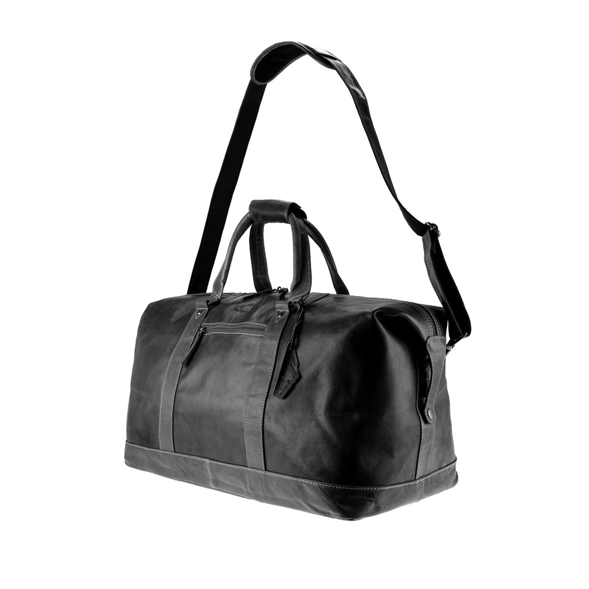 Die Reisetasche ALABAMA ist eine stilvolle schwarze Reisetasche mit Schultergurt, zwei Tragegriffen und einem Hauptfach mit Reißverschluss und kleineren Taschen – perfekt für einen Wochenendausflug.