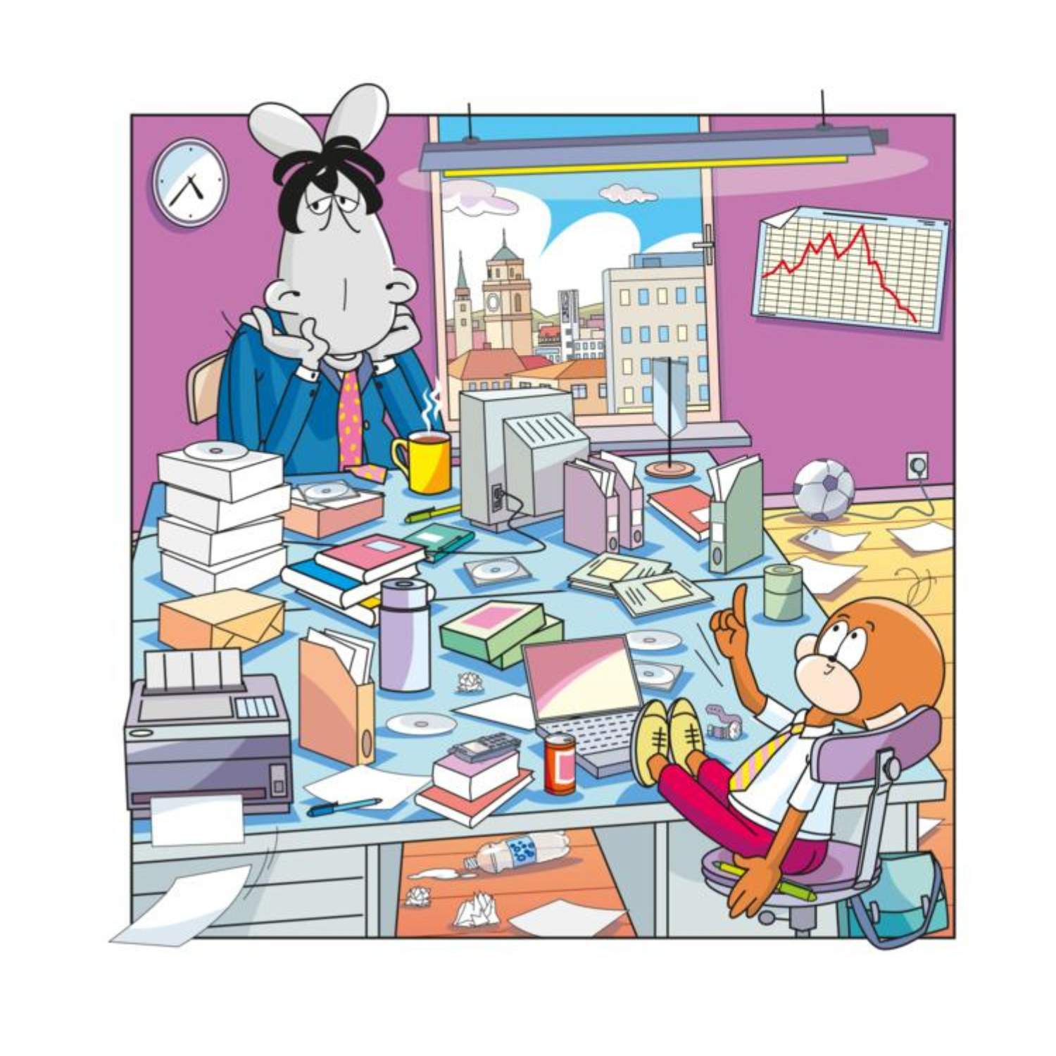 Äffle & Pferdle - Lacha isch gsund! zeigt die Kultviecher mit ihren schwäbischen Sprüchen in einem chaotischen Büro – einer arbeitet an einem überfüllten Schreibtisch voller Papiere und Diagramme.