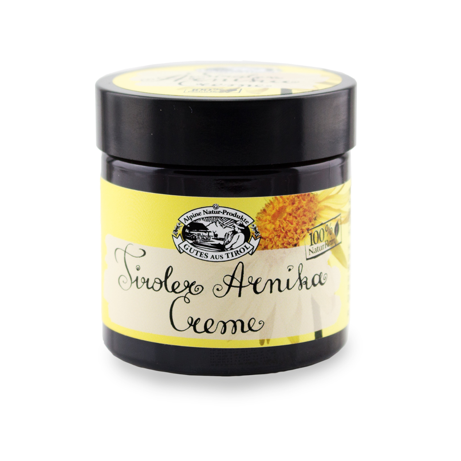 Ein Tiegel Arnikacreme mit gelbem Etikett und schwarzem Deckel, perfekt zur Beruhigung trockener Haut.