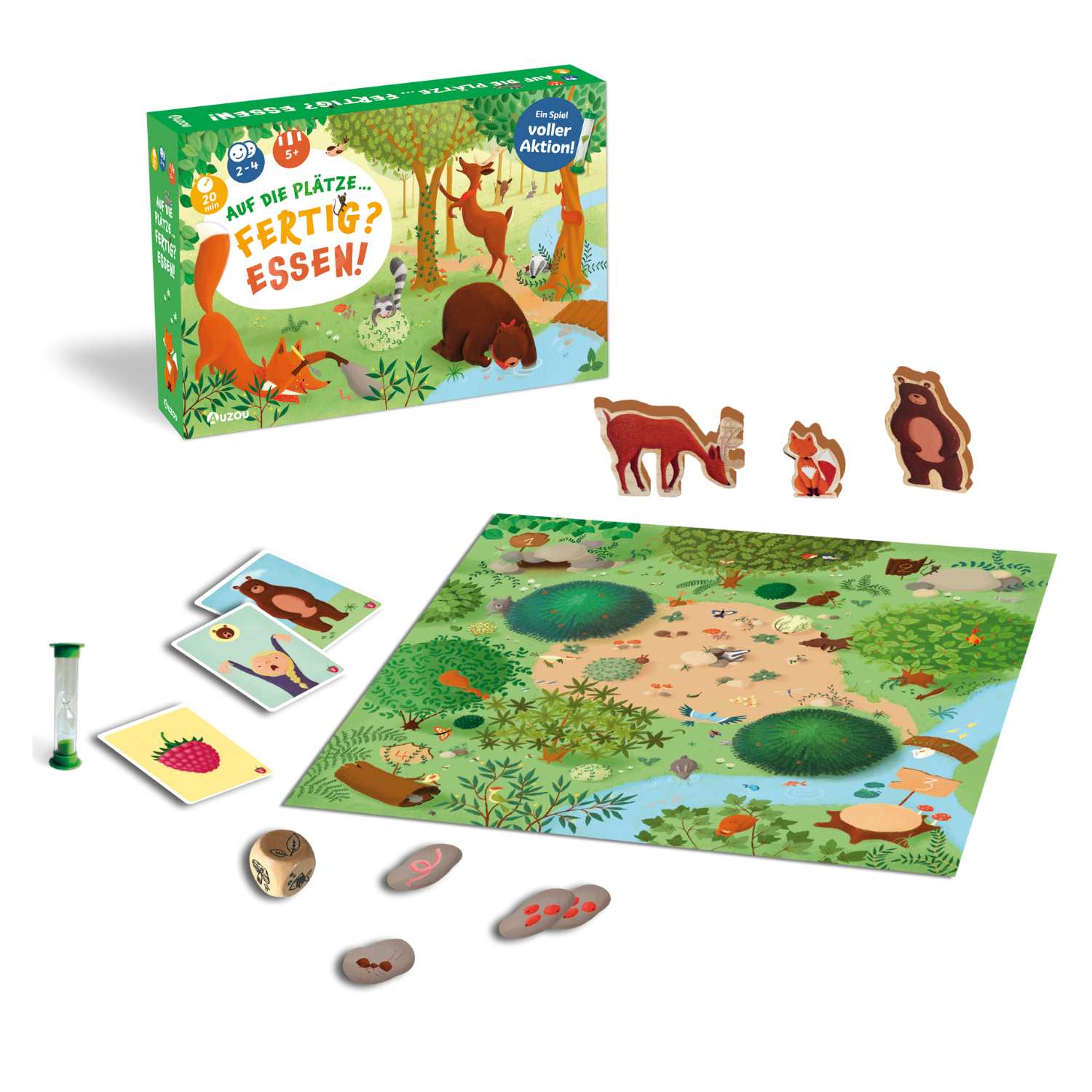 Auf die Plätze! Fertig? Essen! ist ein farbenfrohes Brettspiel mit Tierfiguren, Würfeln, Karten, einer Sanduhr und einem Brett mit Waldmotiven, auf dem die Spieler Aufgaben erfüllen, um Himbeeren zu sammeln.