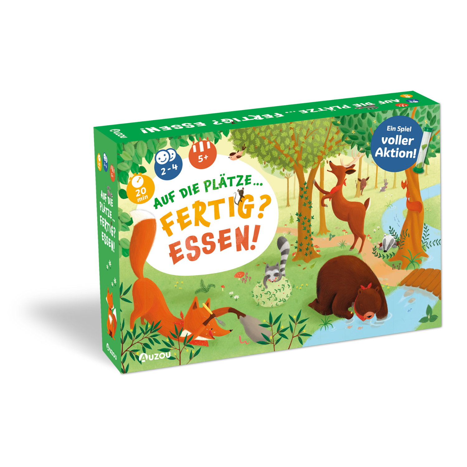 Auf der farbenfrohen Brettspielbox sind Waldtiere und der deutsche Titel „Auf die Plätze! Fertig? Essen!“ abgebildet, bei dem die Spieler Aufgaben lösen und Himbeeren sammeln – willkommen in der spannenden Himbeersaison