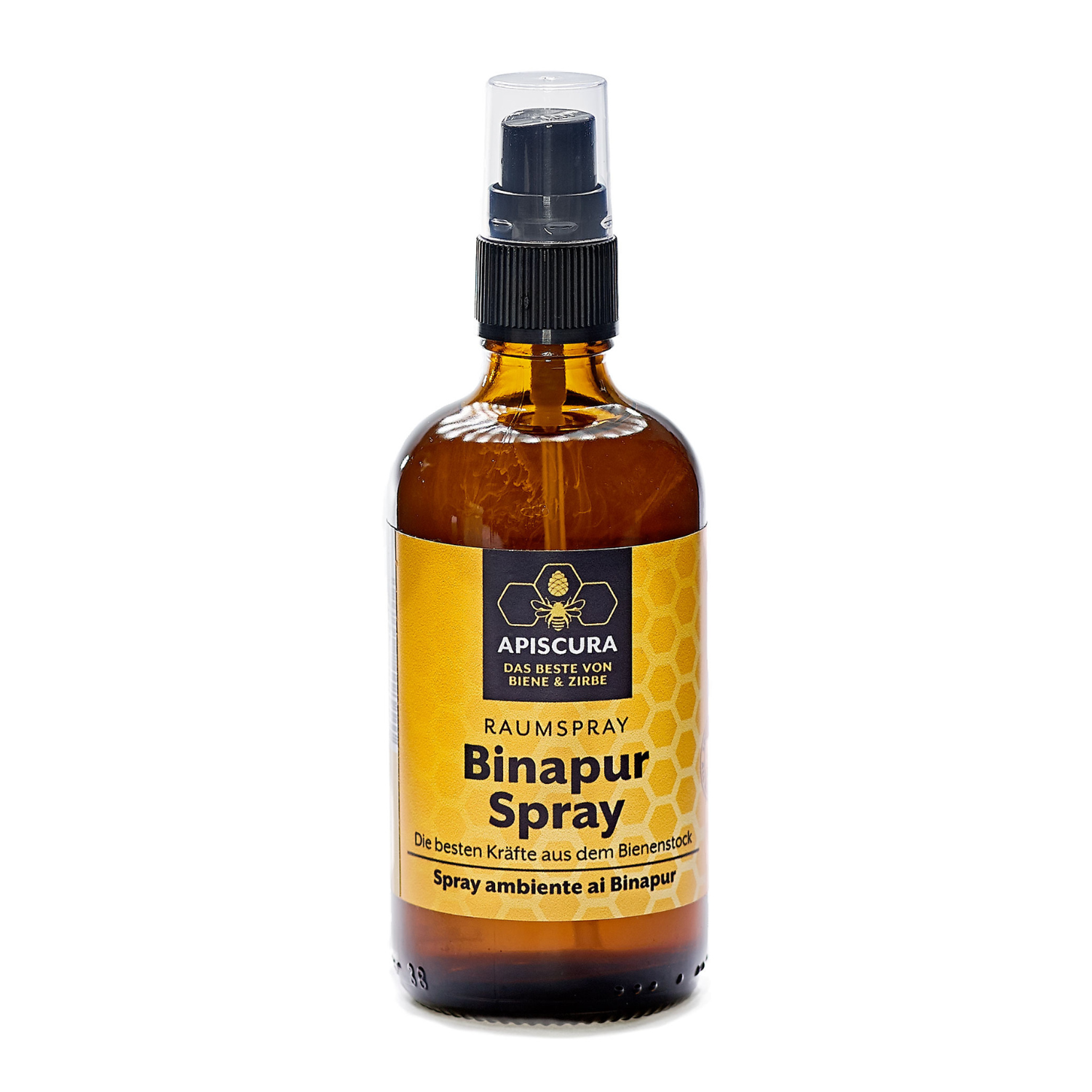 Braune Glasflasche Binapur Raumspray mit schwarzem Sprühverschluss und gelbem Wabenetikett, gefüllt mit einer natürlichen Lösung aus Propolis und Bergquellwasser.