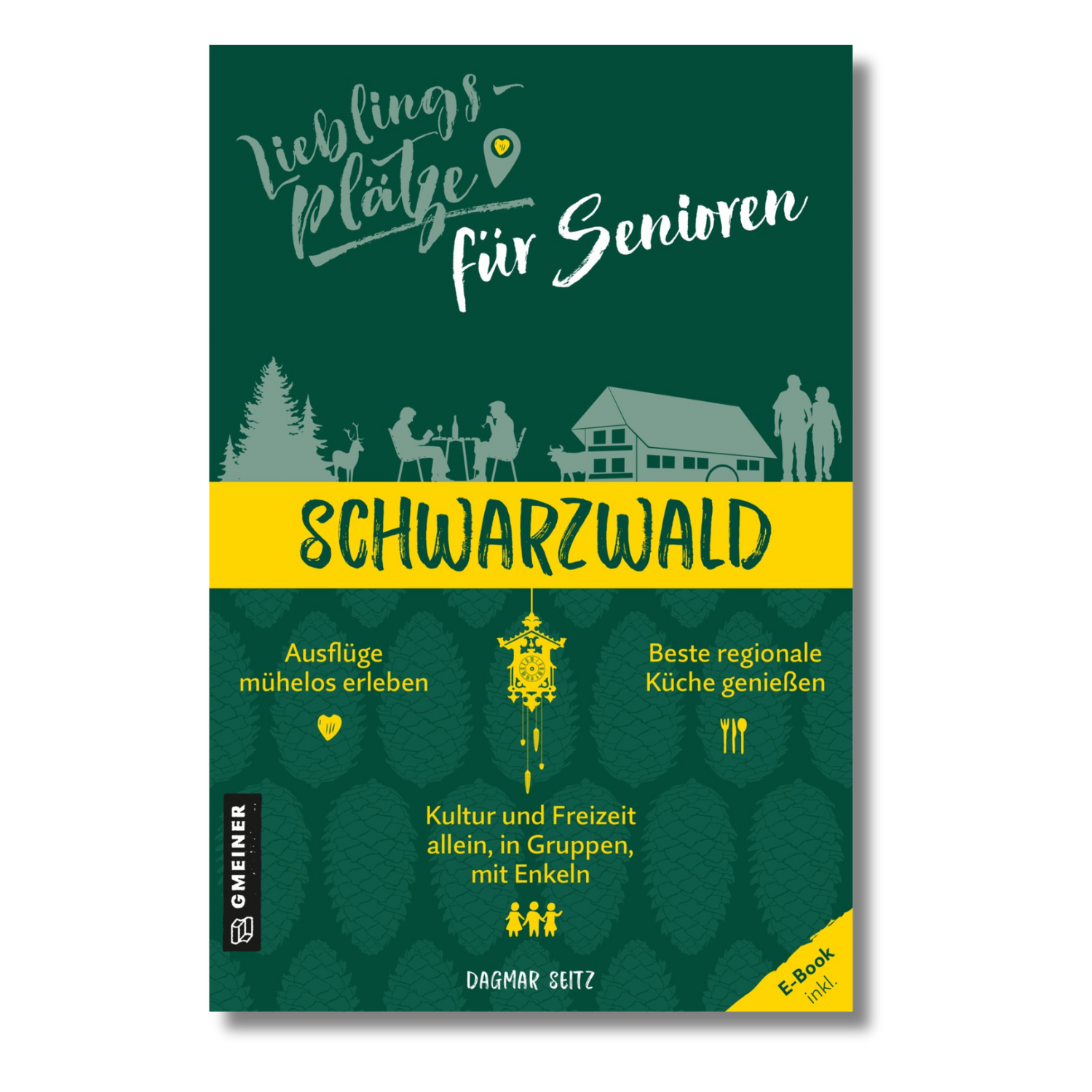 Buchcover für „Lieblingsplätze für Senioren Schwarzwald“ mit Illustrationen von Senioren, Bäumen und einem Haus – ideal für Erholung und Freizeit im Schwarzwald.